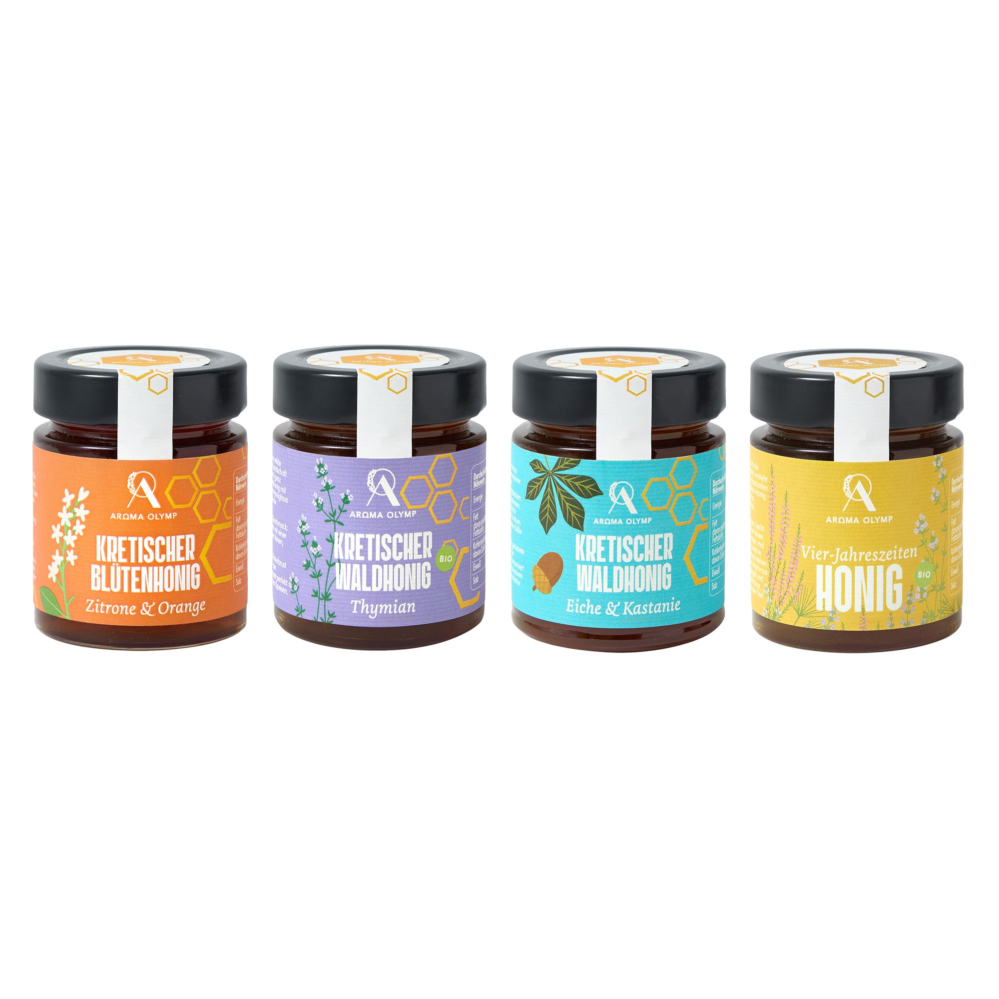 AROMA OLYMP Griechischer Honig 4er Set, davon 2x Bio 4 versch. Sorten Inhalt 4x 200g