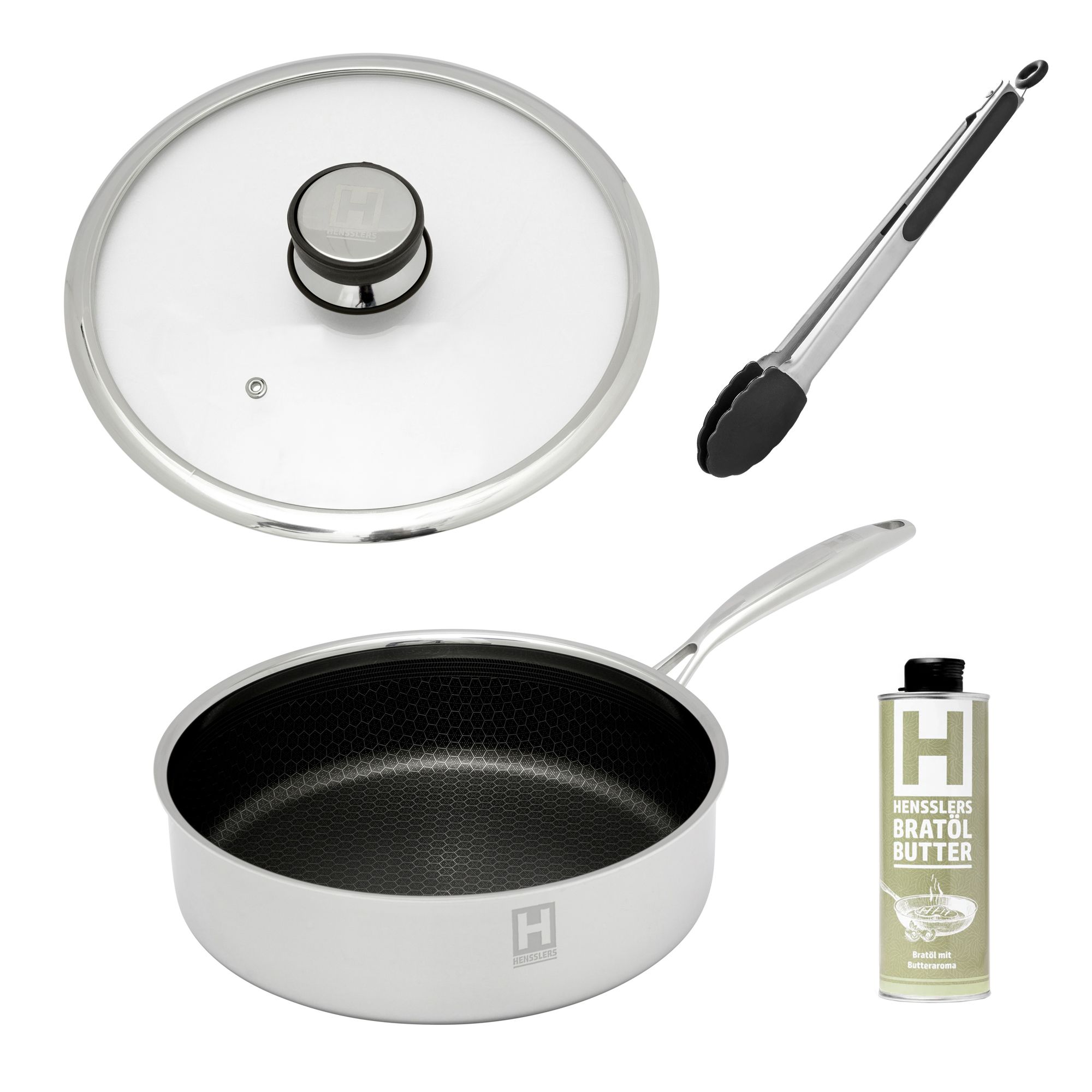 HENSSLERS Schmorpfanne ⌀ 26cm aus Edelstahl inkl. Deckel, Grill- zange und Bratöl