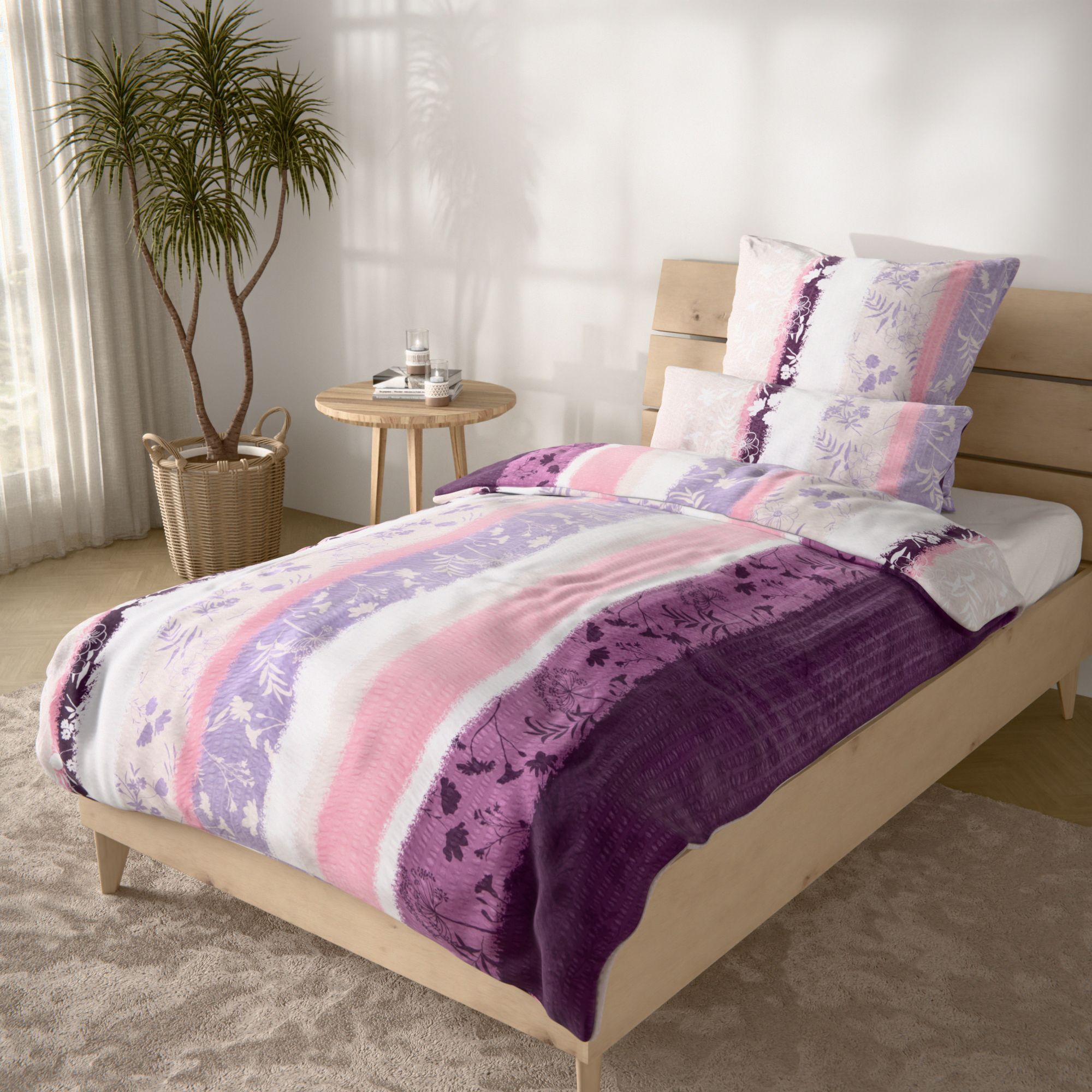 SOFT WAVE Bettwäsche gestreift mit Ranken Mikrofaser Seersucker Einzelbett, 3tlg.