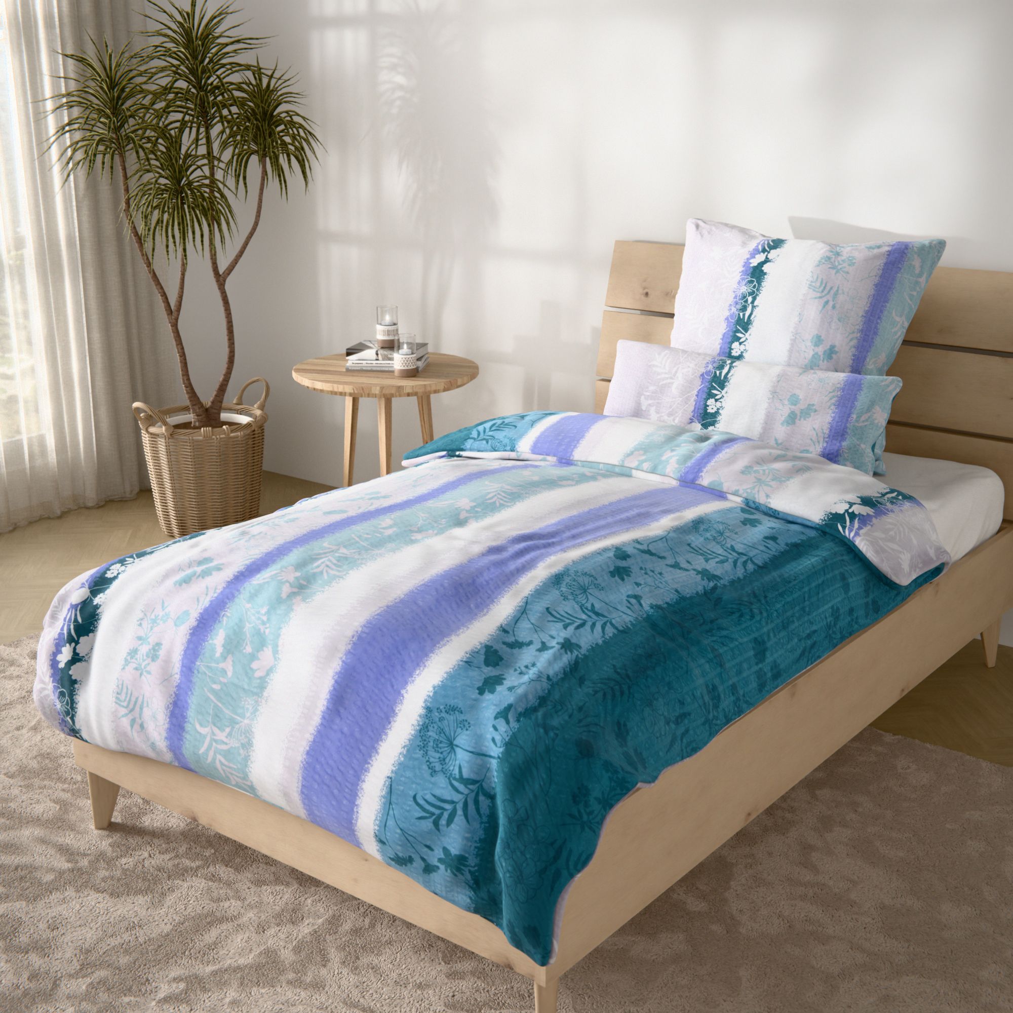 SOFT WAVE Bettwäsche gestreift mit Ranken Mikrofaser Seersucker Einzelbett, 3tlg.