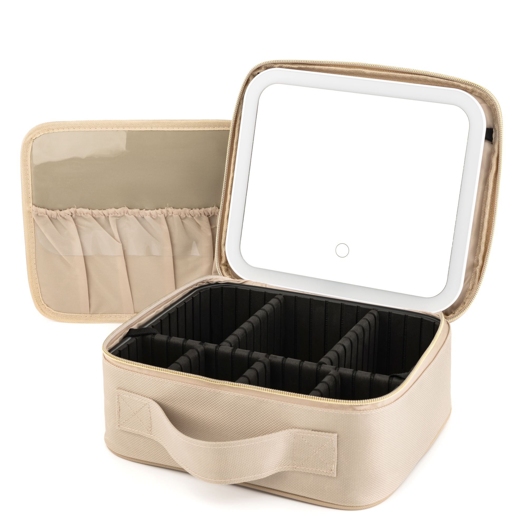 Beauty Organizer mit LED Spiegel 3 Beleuchtungsmodi variable Trennwände inkl. Pinseltasche