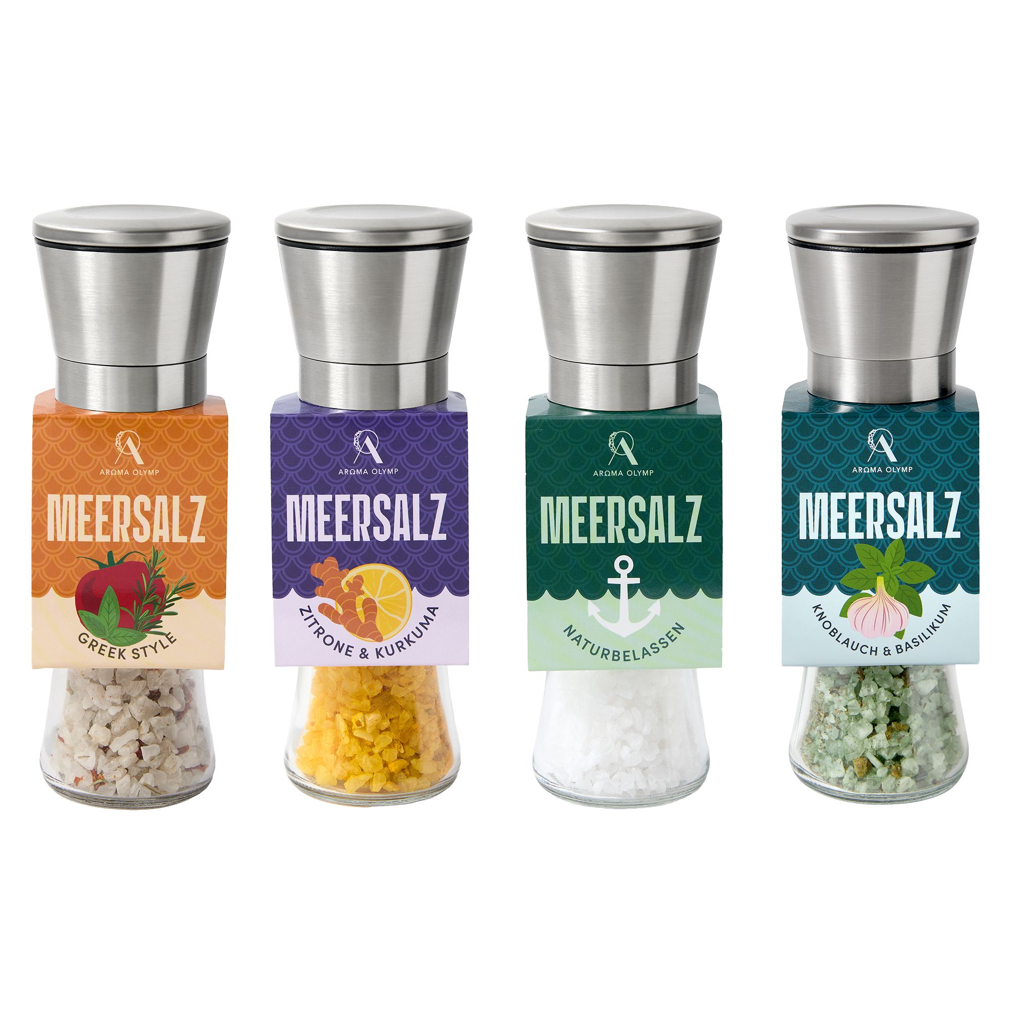 AROMA OLYMP Meersalz Set 4 versch. Sorten in der Mühle Inhalt 720g
