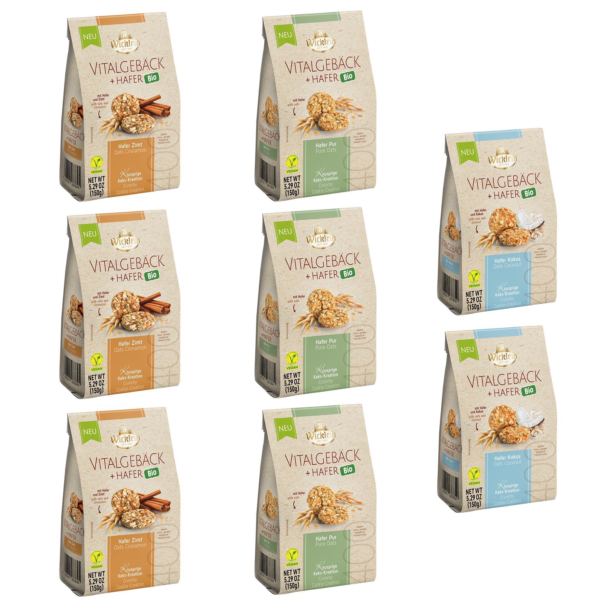 WICKLEIN Bio Vitalgebäck Hafer 3 Sorten, 8 Packungen exklusiv bei QVC Inhalt 1.200g
