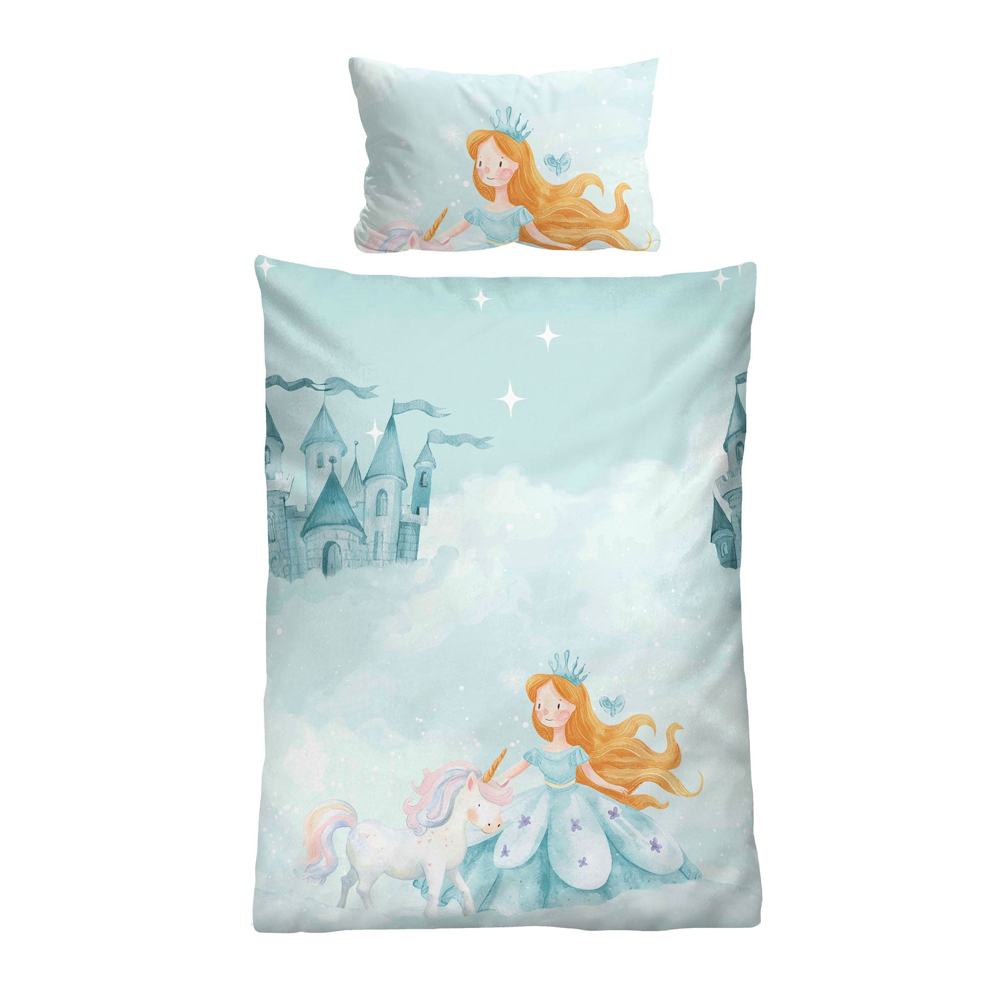biberna® Kinderbettwäsche Prinzessin Einhorn Baumwoll Feinbiber Einzelbett, 2tlg.