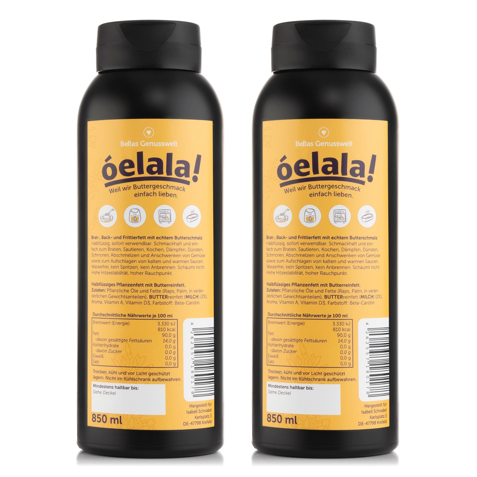 BELLAS GENUSSWELT Oelala Brat-, Back-und Frittierfett Inhalt 2x850ml