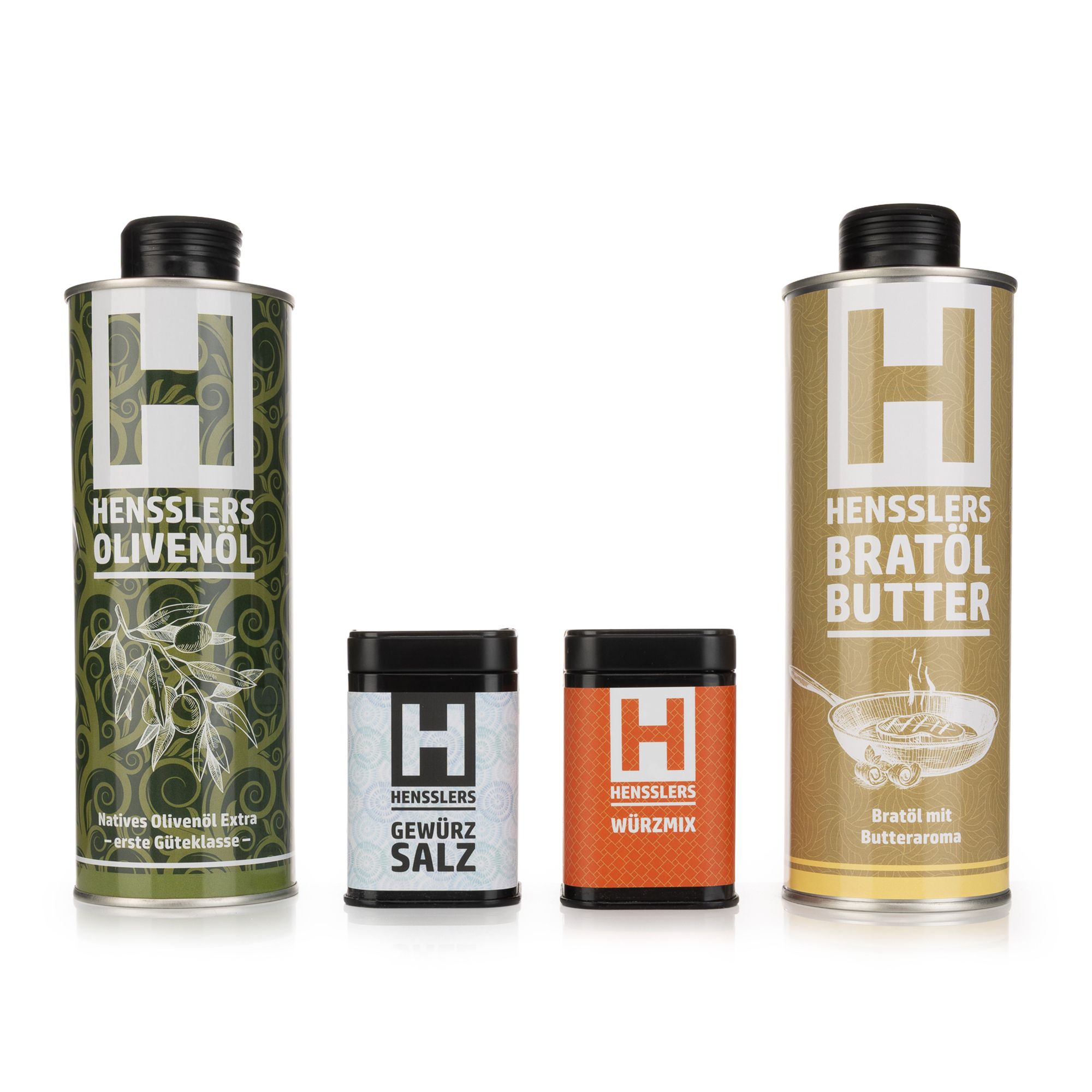Hensslers Food Set Oliven- und Bratöl Würzmix & Gewürzsalz 4tlg. Inhalt 1L, 160g