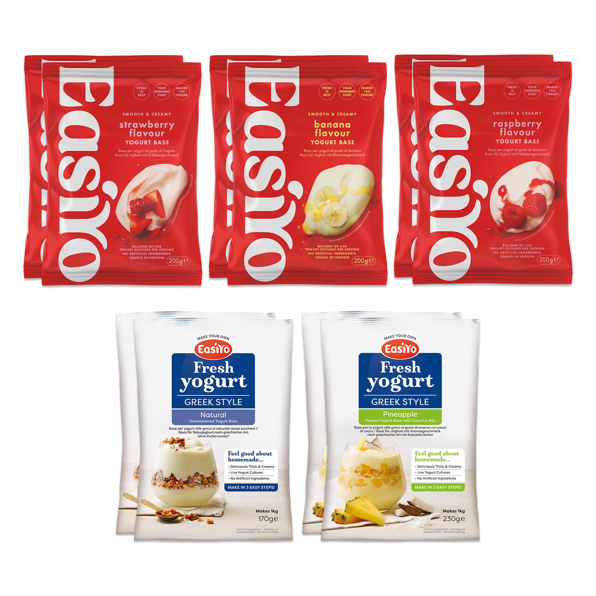 EASIYO Joghurtpulver 10 Beutel für 10kg frischen Joghurt 5 versch. Sorten
