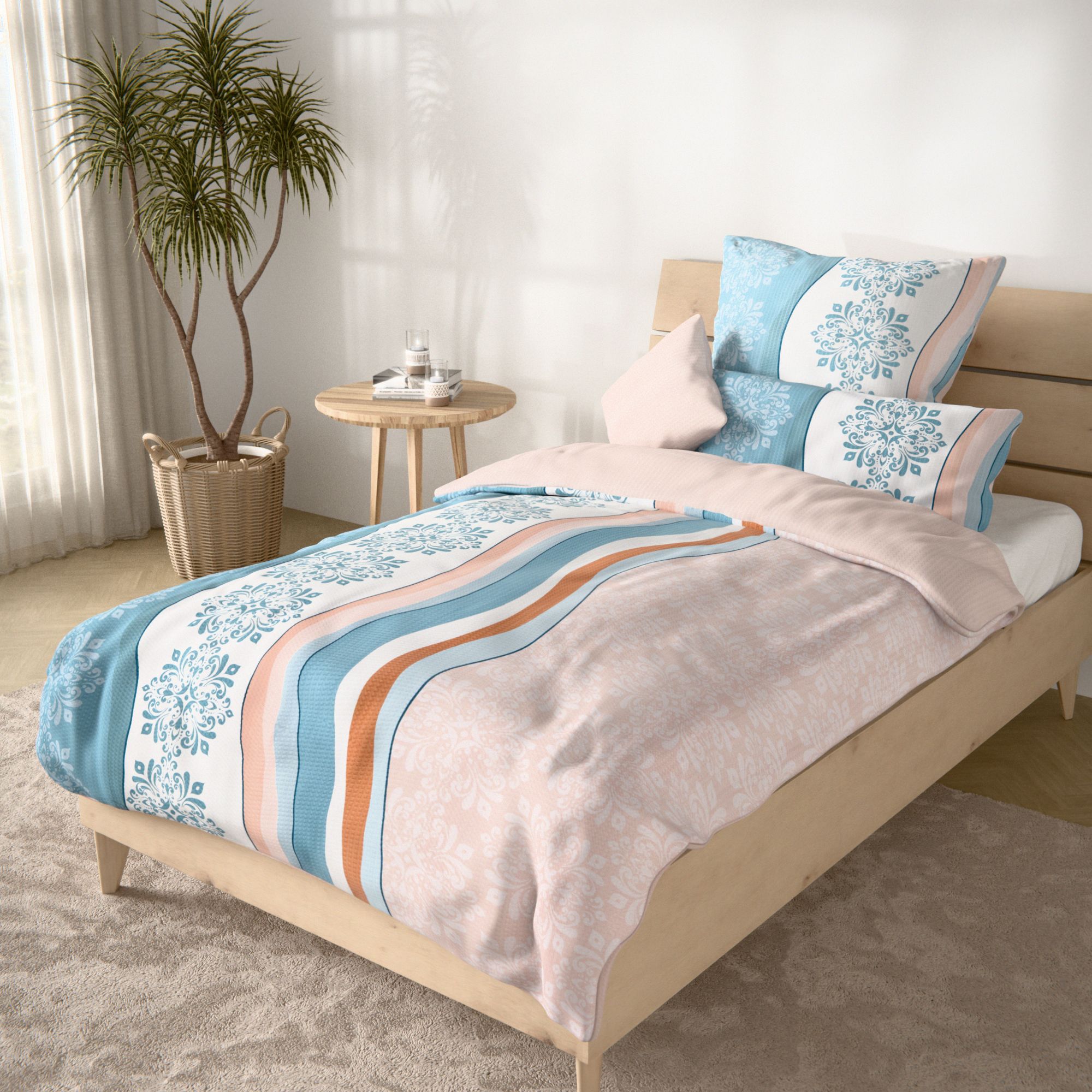 SOFT WAVE Wendebettwäsche Ornamentstreifen Mikrofaser Seersucker Einzelbett, 4tlg.