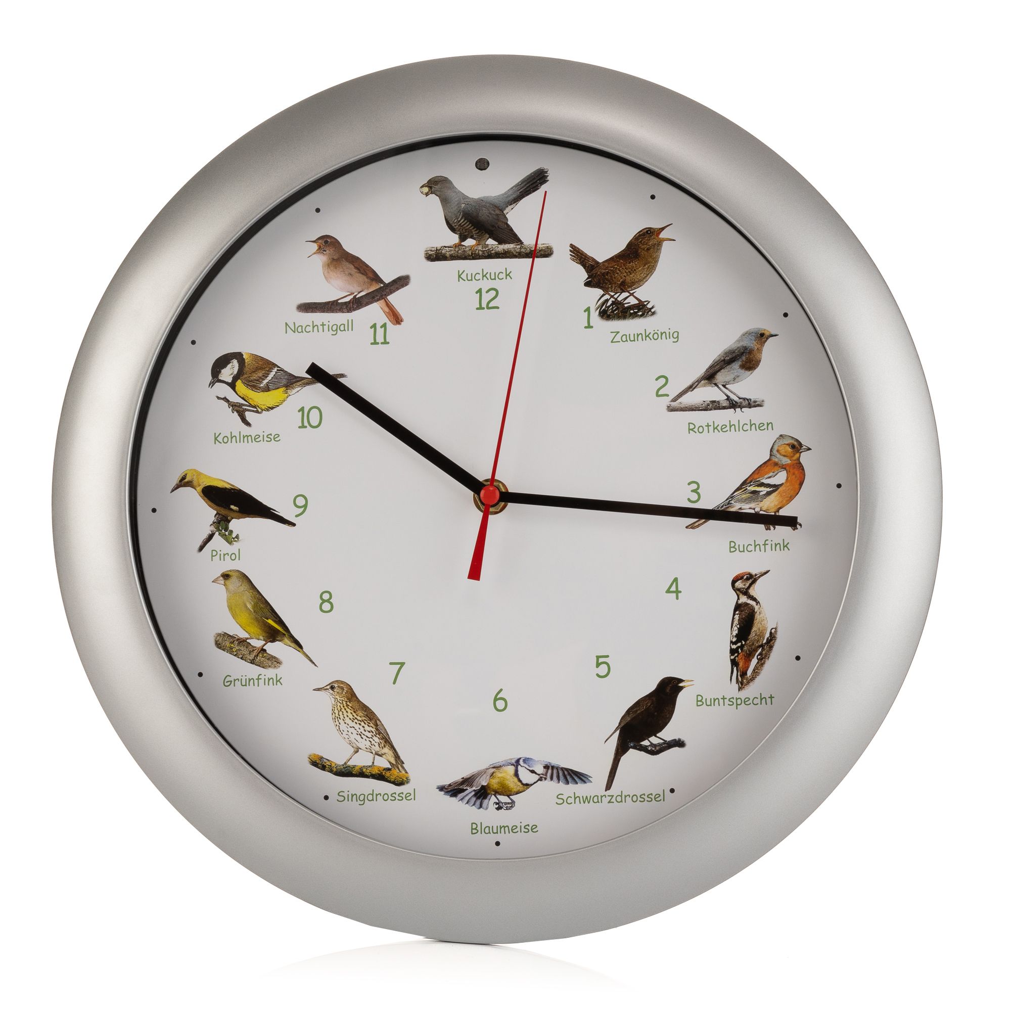 Wanduhr mit 12 authentischen Vogelgesängen Nachtmodus Ø ca. 33x4cm