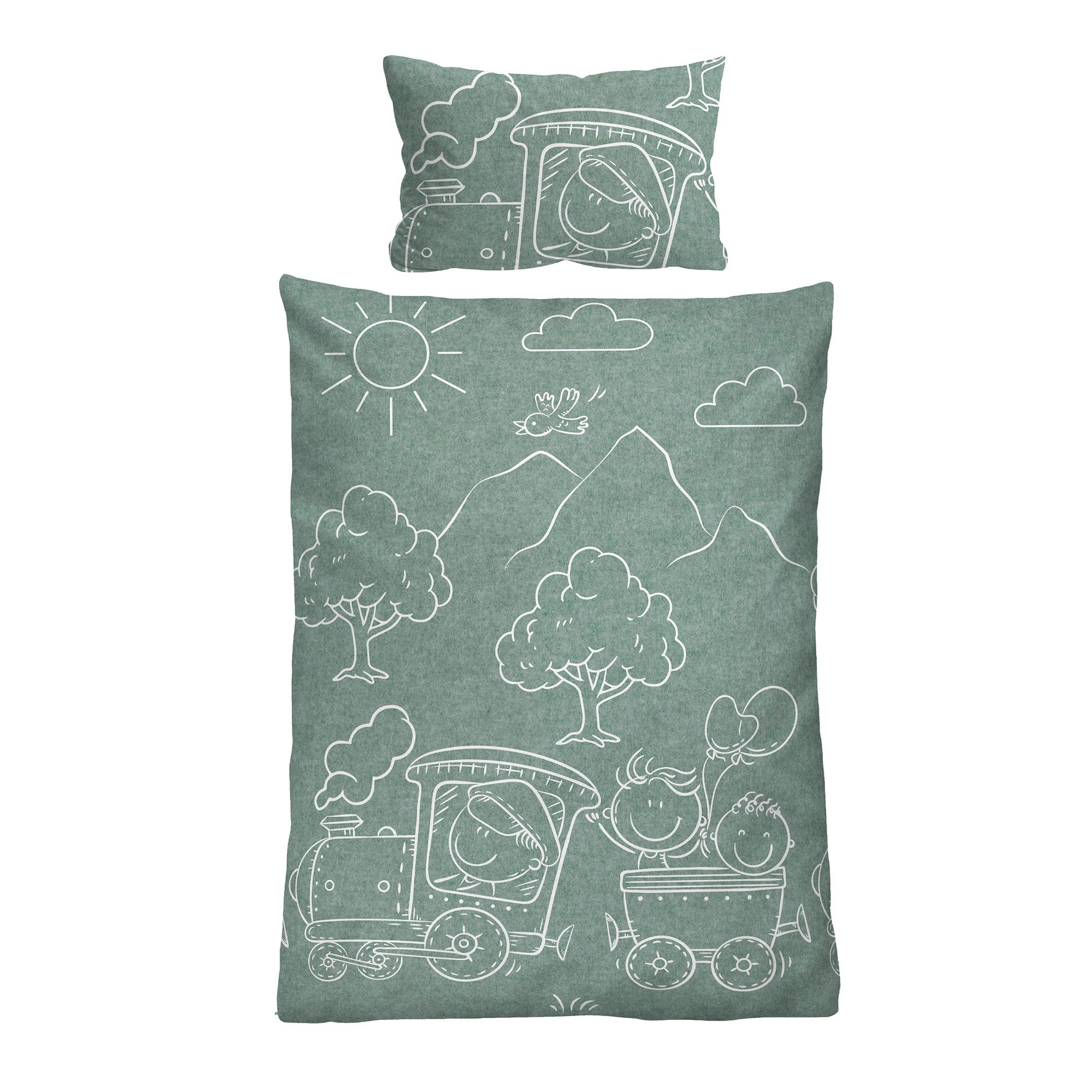 biberna® Kinderbettwäsche Lokomotive Melange-Flanell Einzelbett, 2tlg.