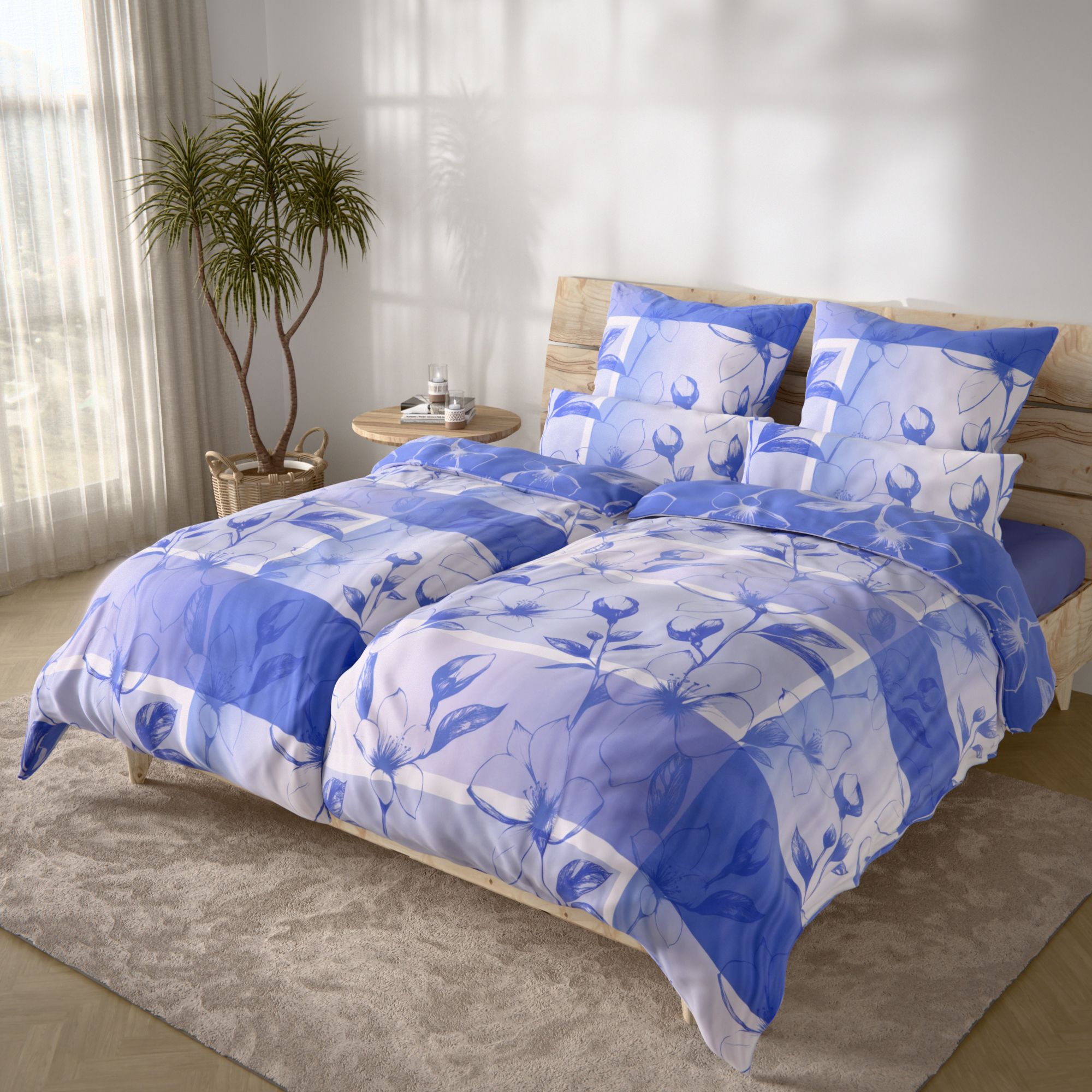 JERYMOOD extra soft Wendebettwäsche Grafik mit Blumen Mikrofaser Jersey Doppelbett, 8tlg.