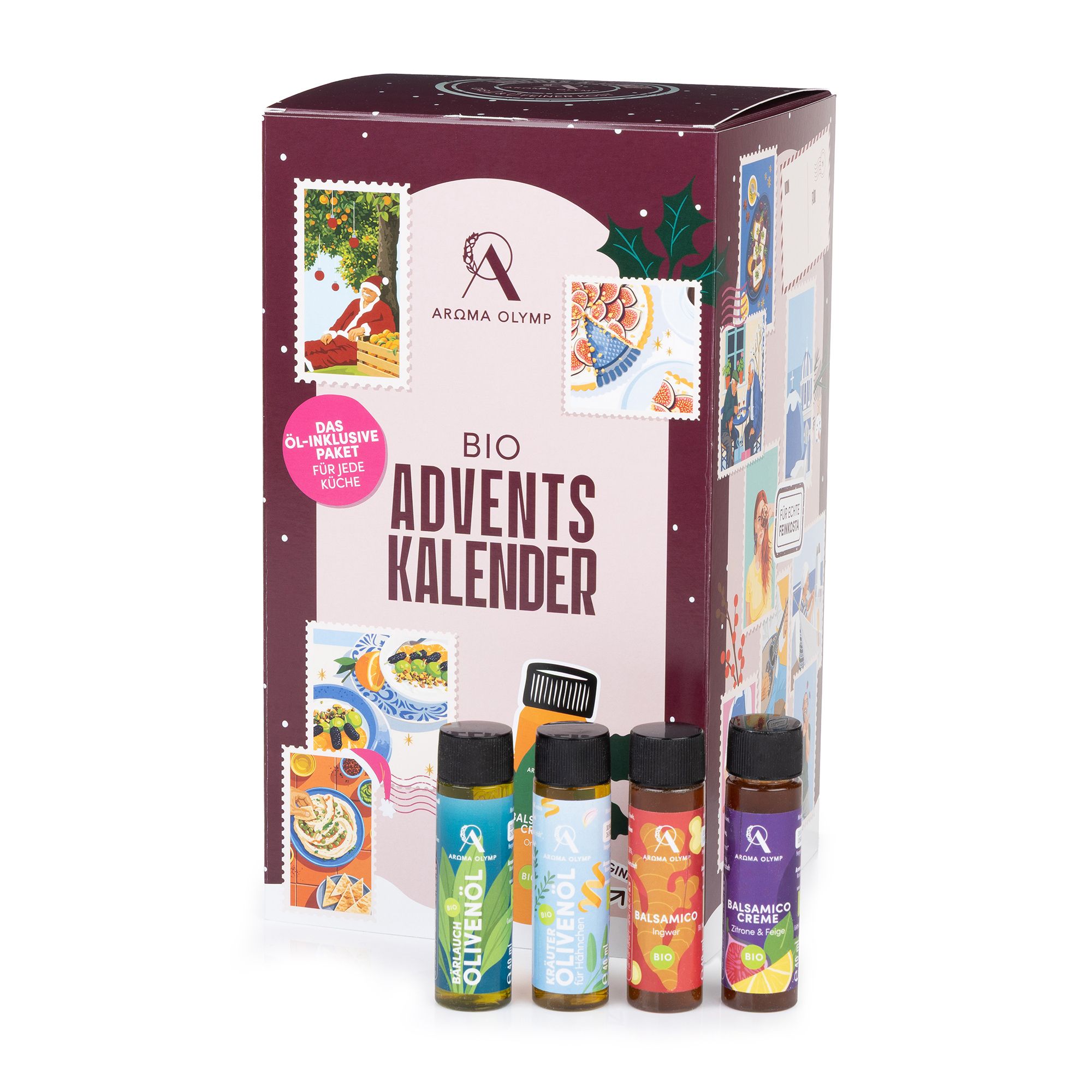 AROMA OLYMP Bio Adventskalender 24 Feinkostprodukte aus Griechenland Inhalt 760 ml & 213g