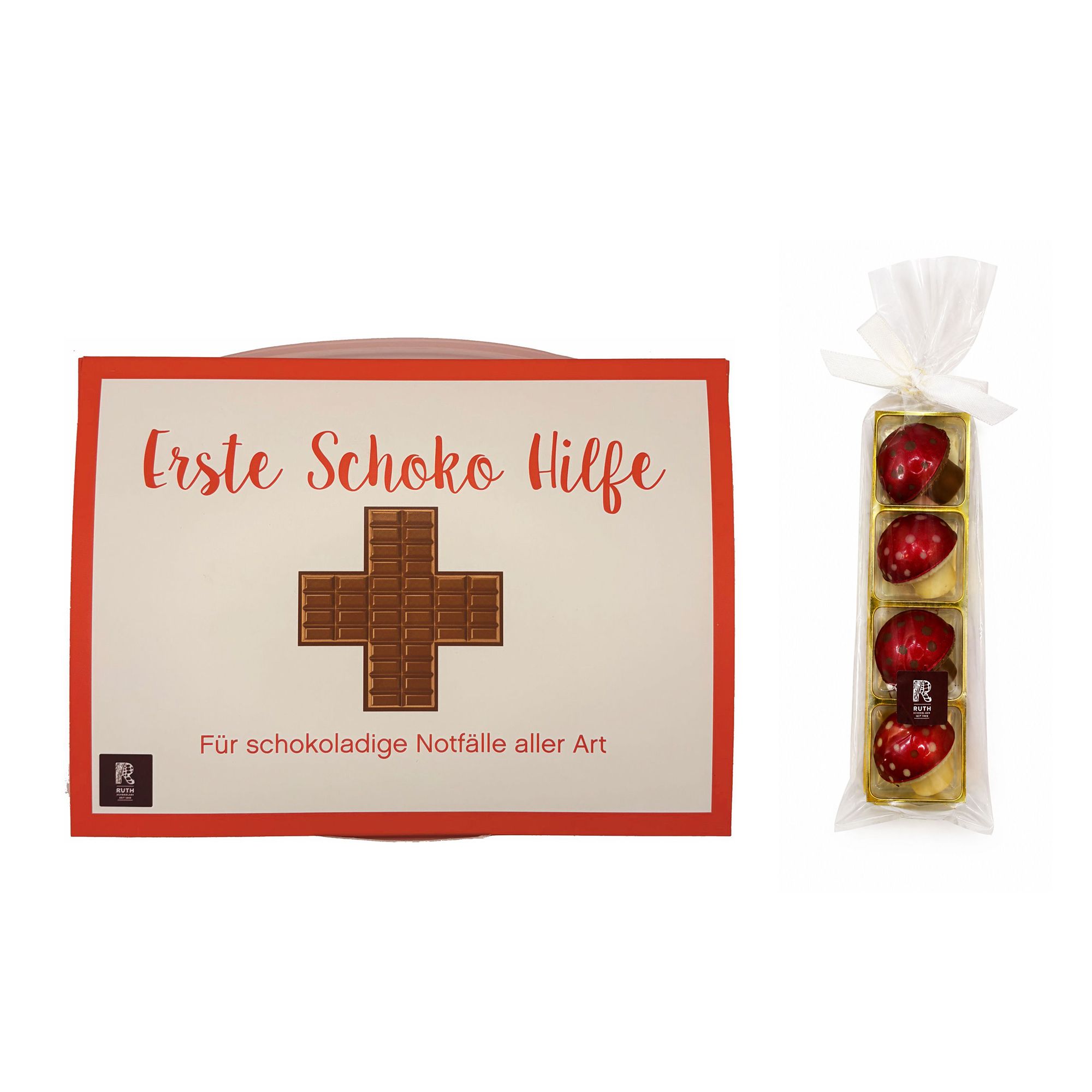 RUTH SCHOKOLADE Pralinen Set Schoko Grüße "Erste Schoko Hilfe" & Glückspilze Inhalt 130g & 48g