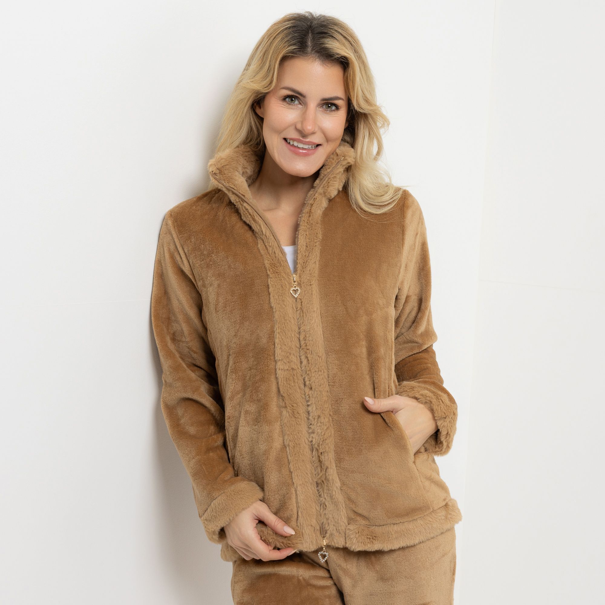 MONT CHALET Damen-Jacke uni Fellimitatbesatz Mikrofaser Chinchilla Stehkragen