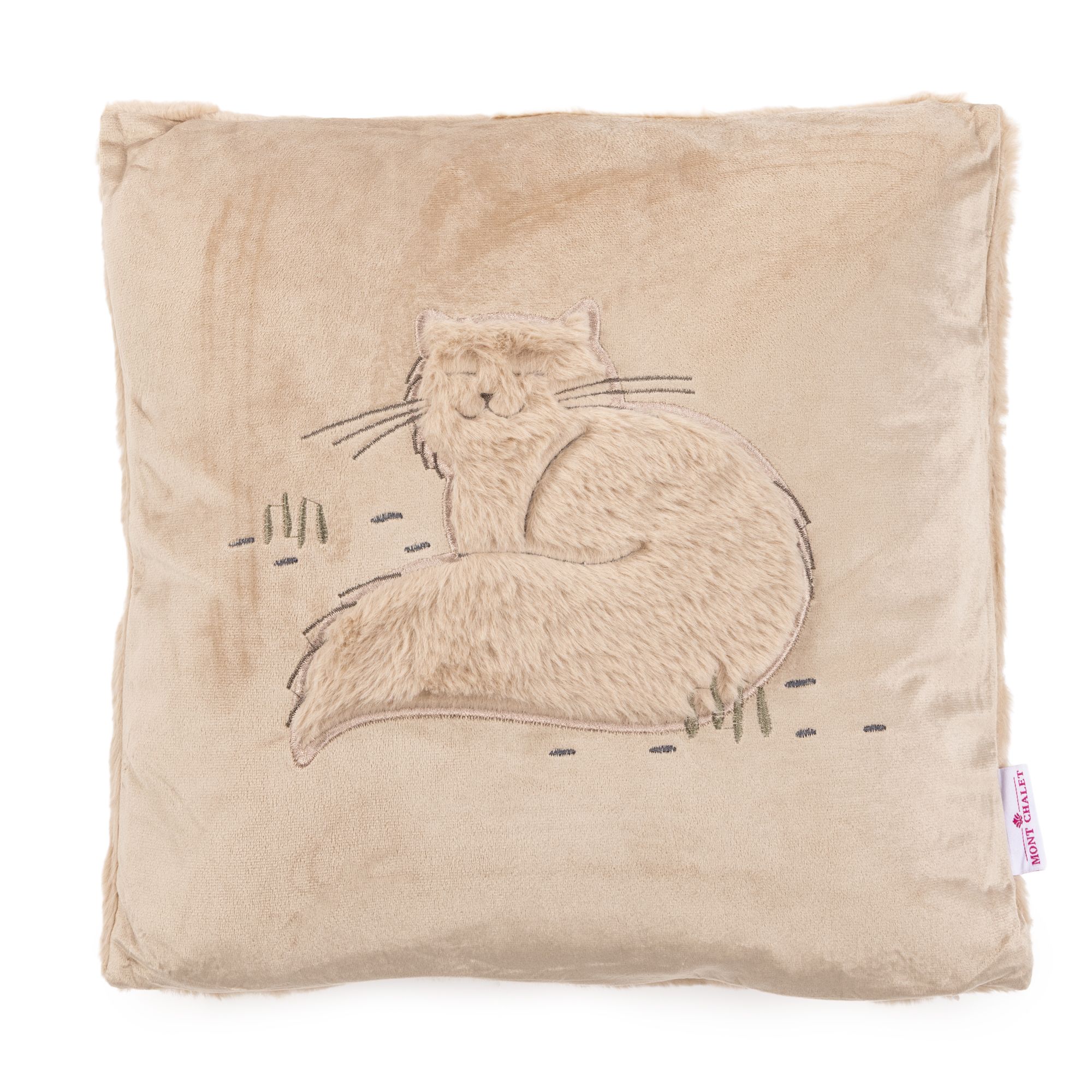 MONT CHALET 1 gefülltes Kissen Fellapplikation Katze Lammfellimitat waschbar, 34x34cm