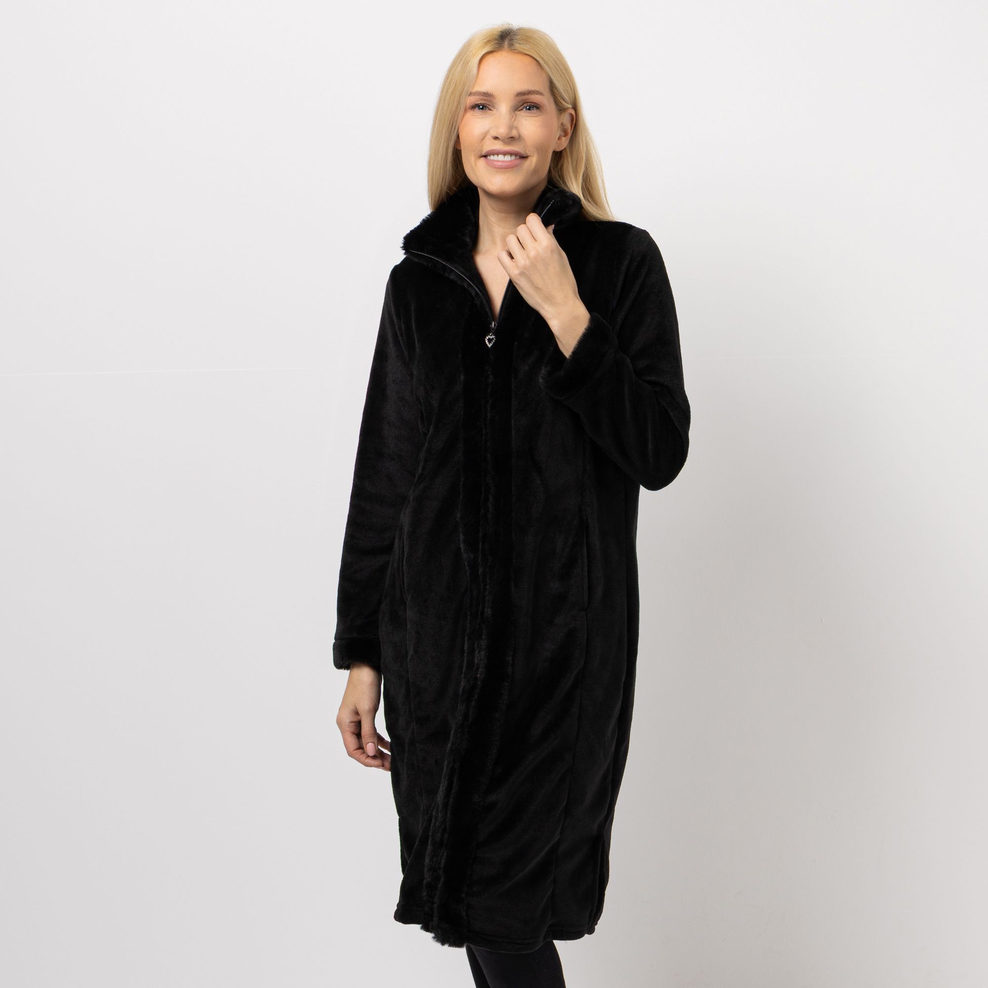 MONT CHALET Damen-Hauskleid Fellimitatbesatz Mikrofaser Chinchilla Stehkragen