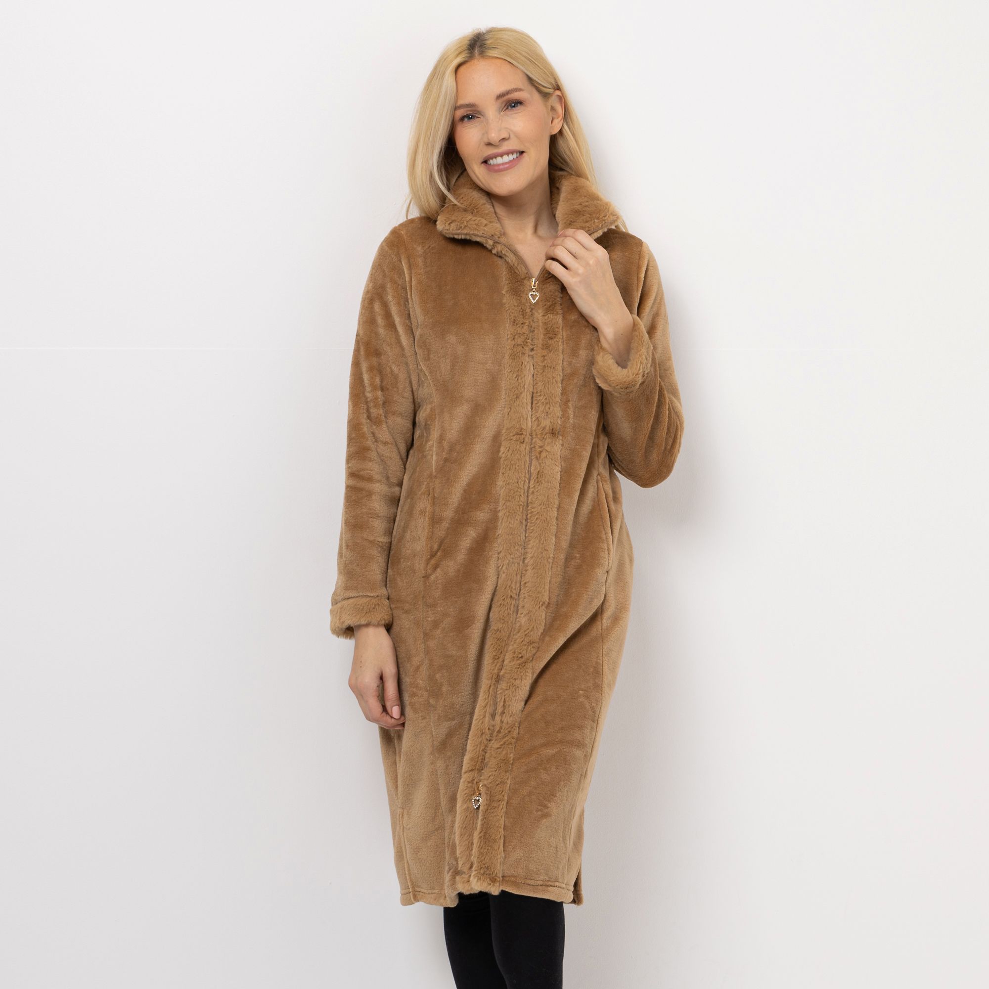 MONT CHALET Damen-Hauskleid Fellimitatbesatz Mikrofaser Chinchilla Stehkragen