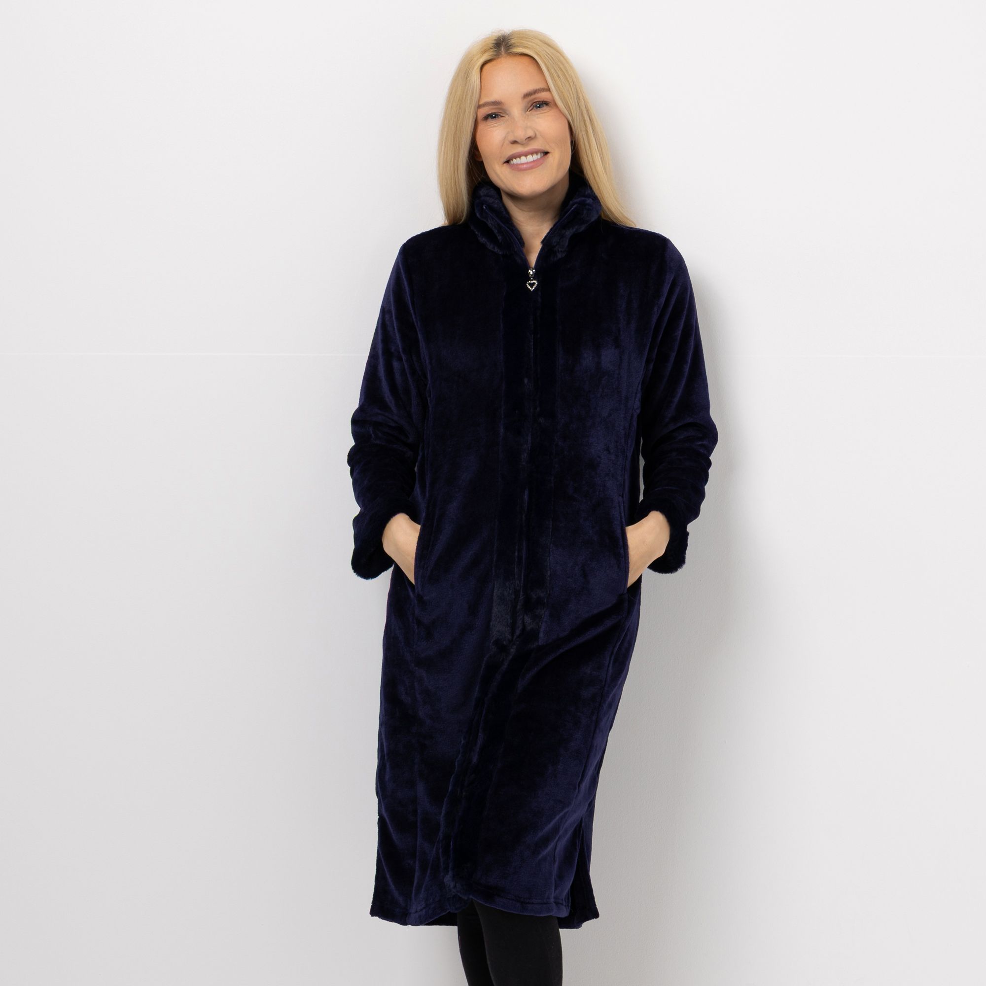 MONT CHALET Damen-Hauskleid Fellimitatbesatz Mikrofaser Chinchilla Stehkragen