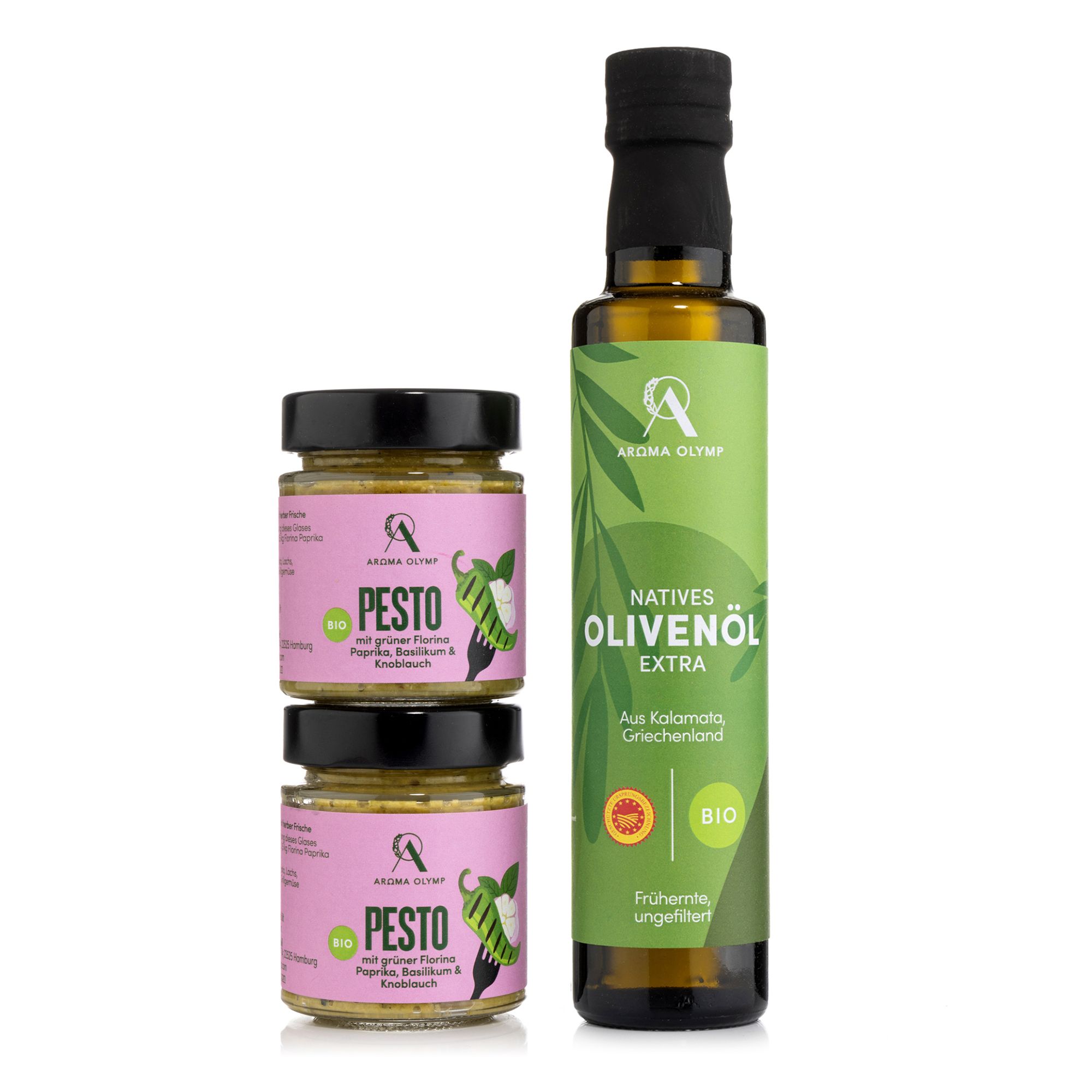 AROMA OLYMP Bio Grünes Paprika Pesto und natives Olivenöl Inhalt 2x160g + 250ml