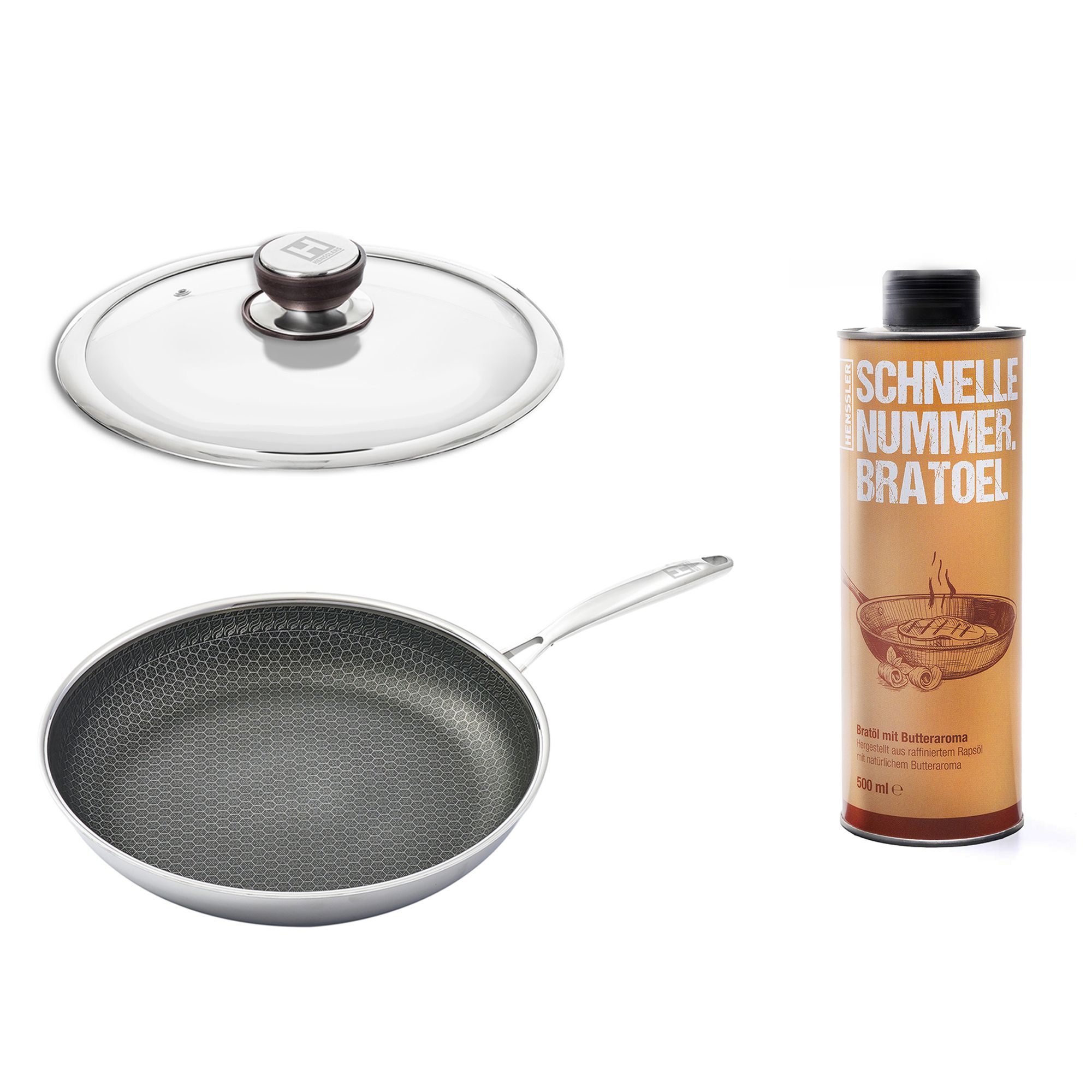 HENSSLERS Edelstahl-Bratpfanne ⌀ 28cm inkl. Deckel und Bratöl mit Buttergeschmack