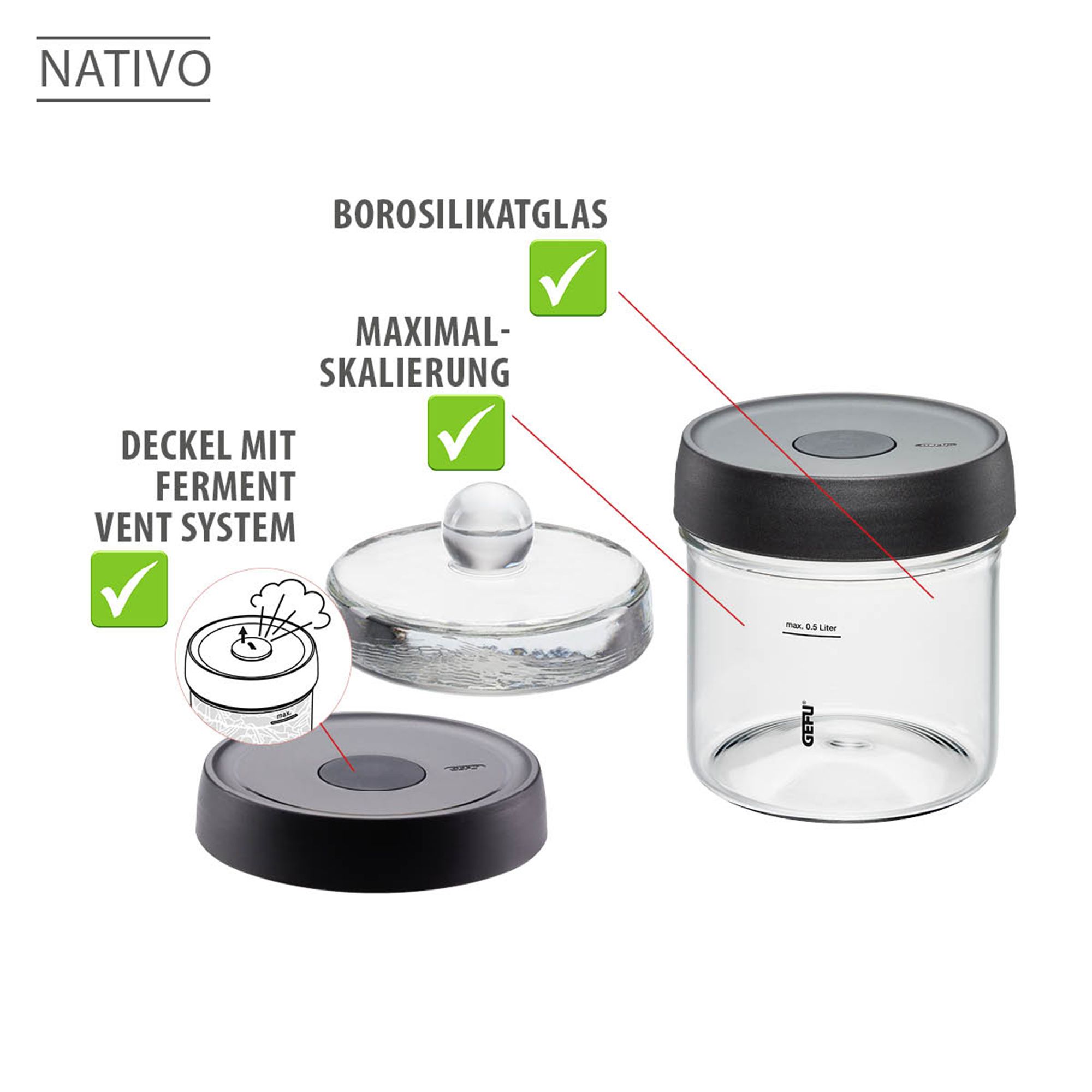 GEFU® Fermentierglas NATIVO inkl. Deckel, Ventil Beschwerungsgewicht Füllvolumen 500ml