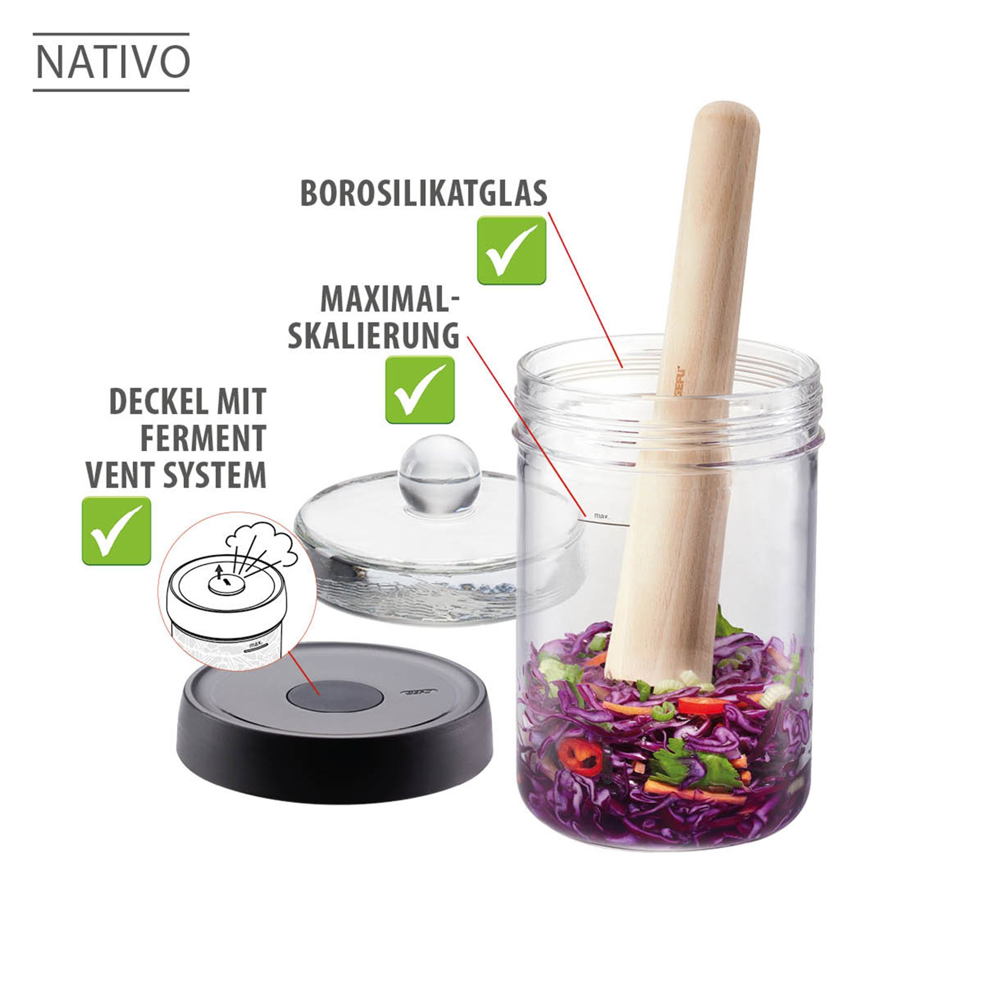 GEFU® Fermentierglas NATIVO inkl. Deckel, Ventil Beschwerungsgewicht Füllvolumen 1.000ml