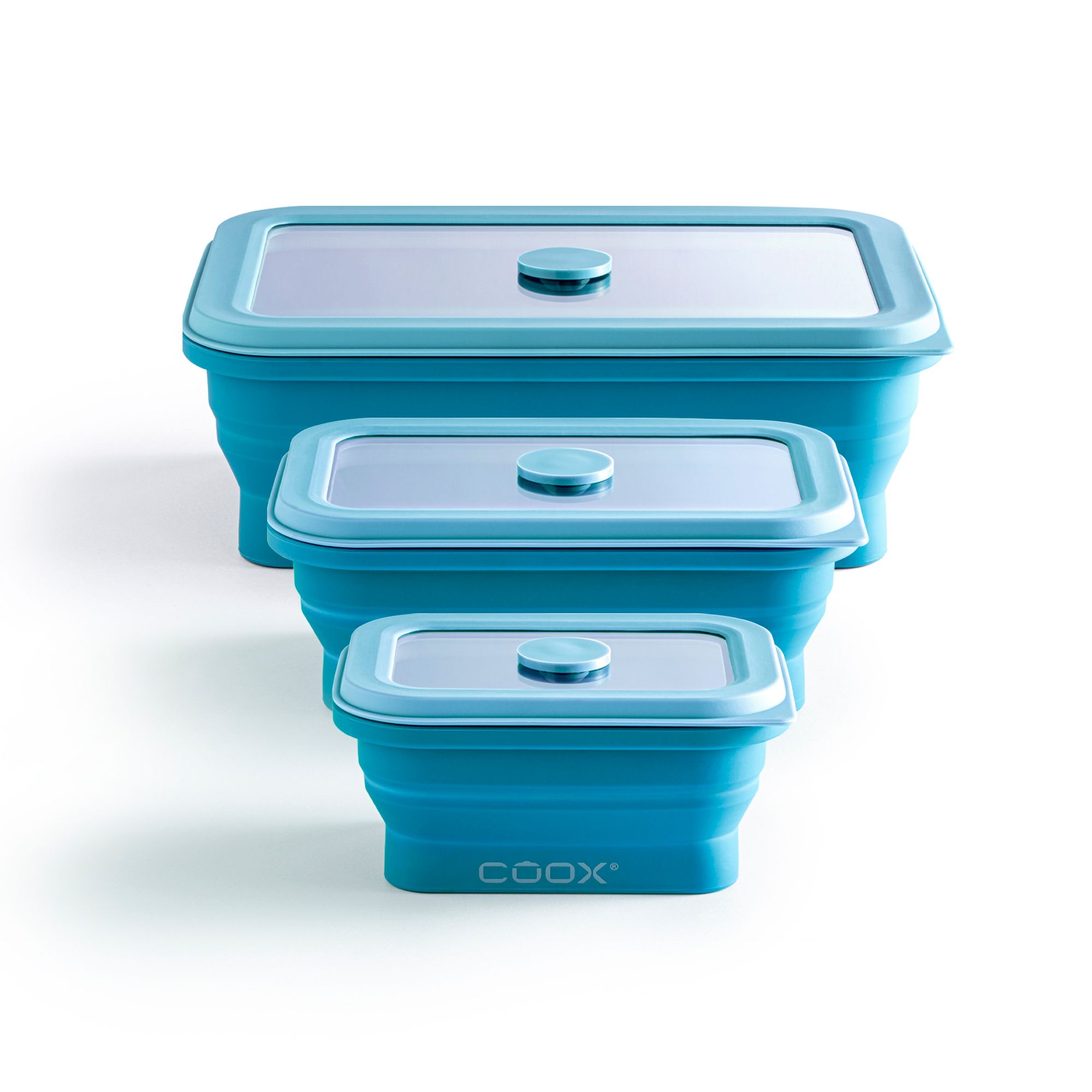 COOX® Faltbare Silikondosen 250ml, 450ml, 1L Glasdeckel & -boden 3tlg. Set