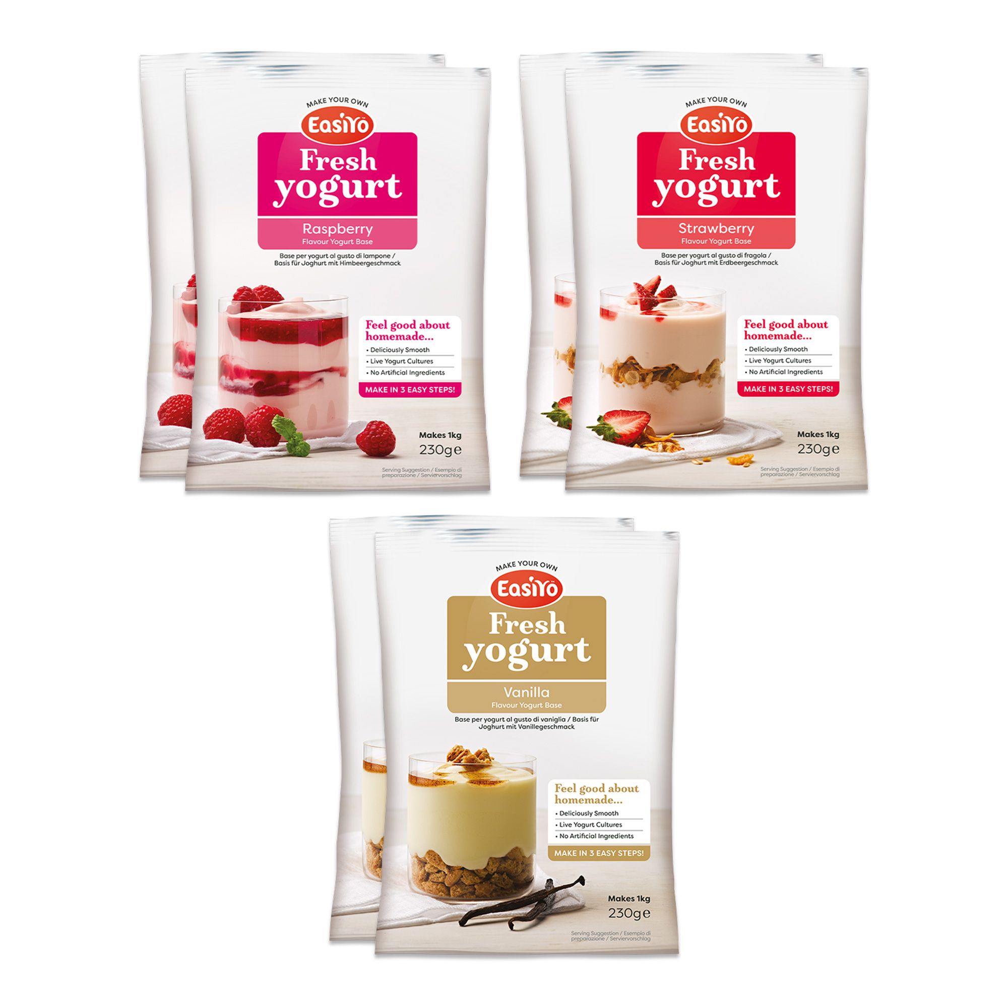 EASIYO Joghurtpulver 6 Beutel für 6kg frischen Joghurt 3 versch. Sorten