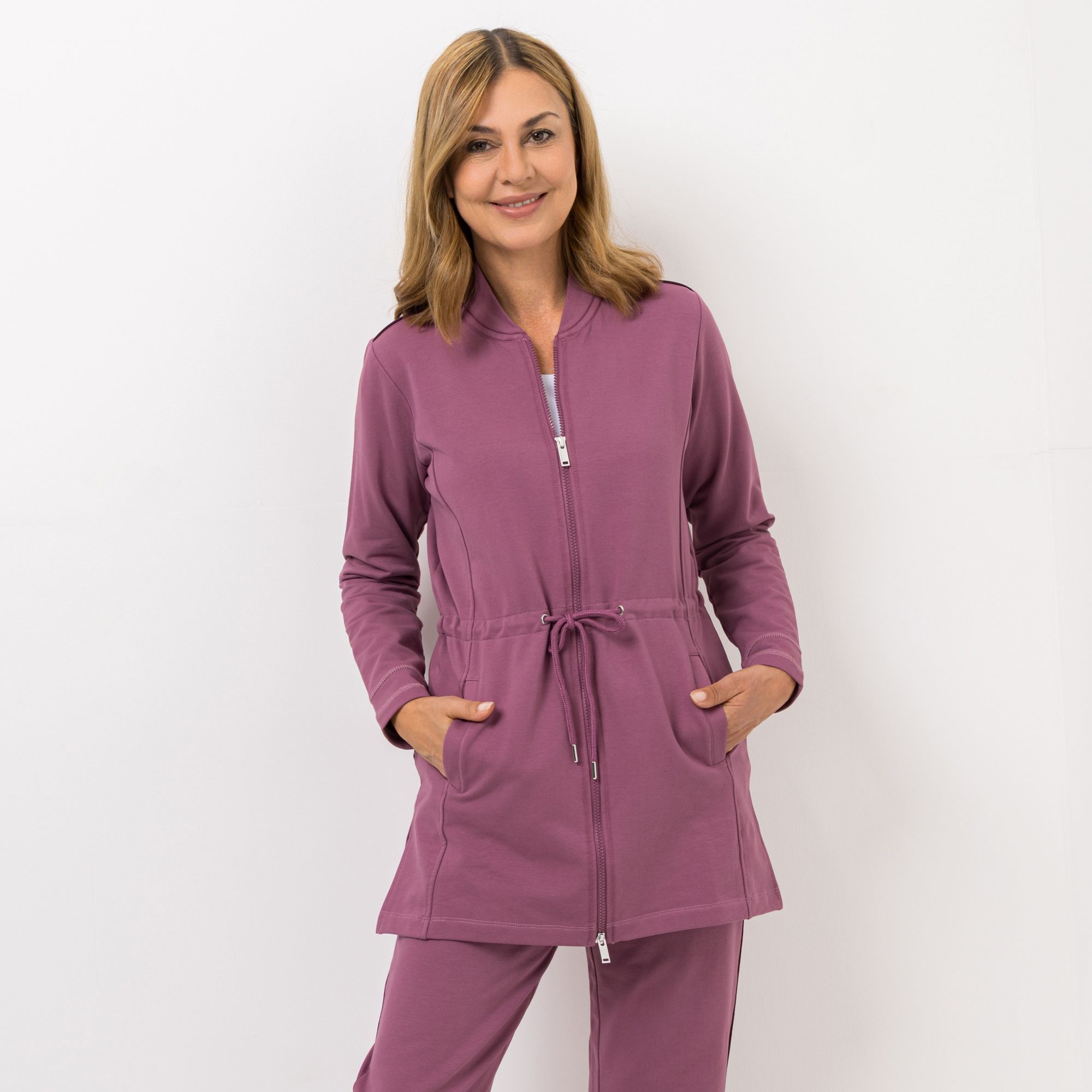 NACHTIGALL Damen lange Jacke uni Baumwollfleece leger weit