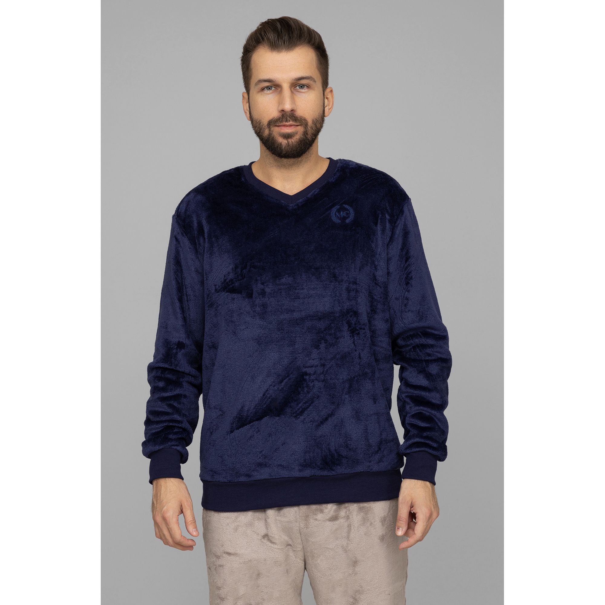 B-Ware MONT CHALET uni Herren-Pullover Mikrofaser Chinchilla V-Ausschnitt