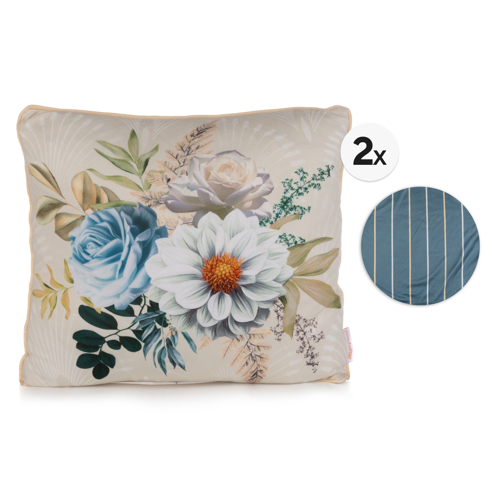 JERYMOOD 2 Kissenbezüge Blumen & Streifen Mikrofaser Jersey ca. 40x40cm