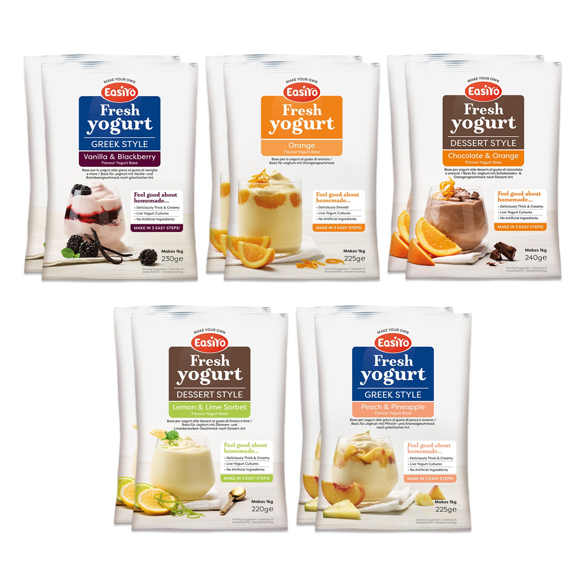 EASIYO Joghurtpulver für 10kg selbstgemachten frischen Joghurt 5 versch. Sorten