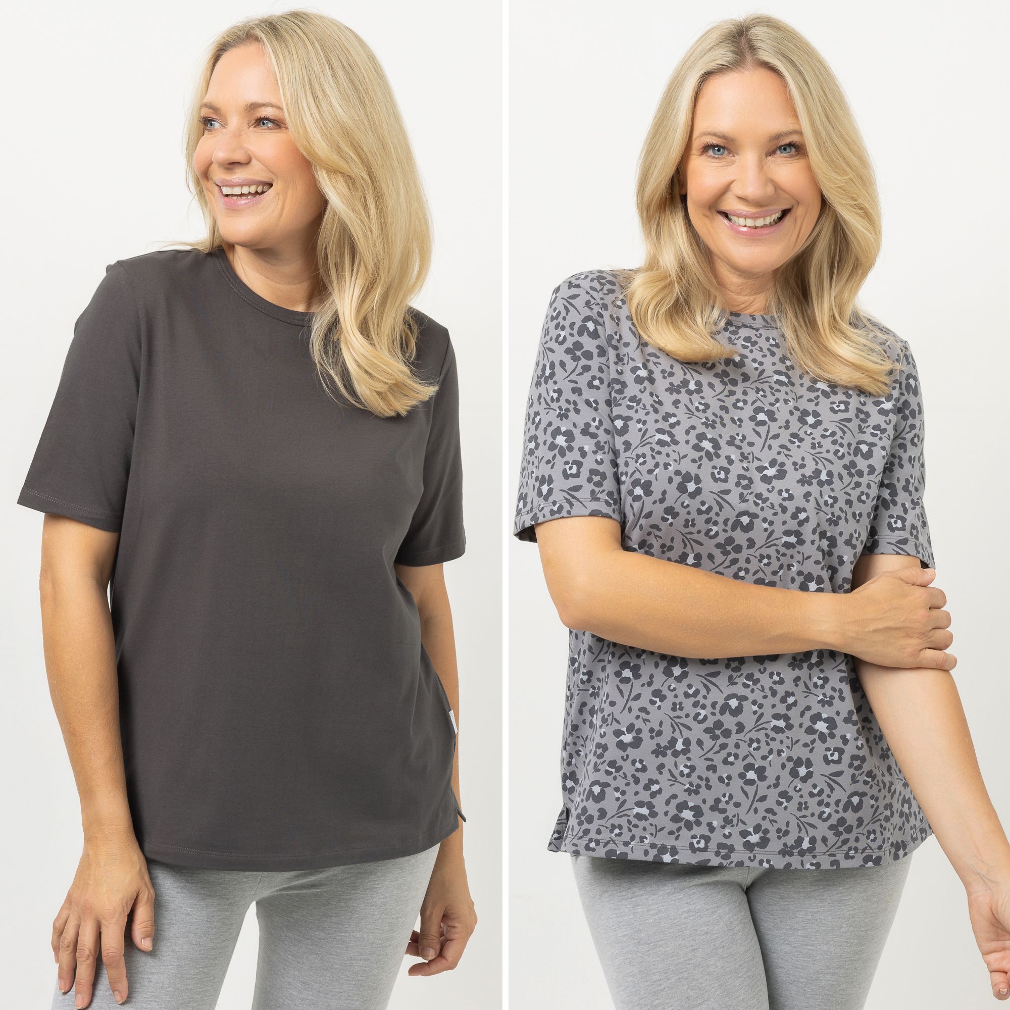 NACHTIGALL Homewear 2 Damen-Shirts 1x uni & 1x bedruckt Baumwoll Jersey Rundhalsausschnitt