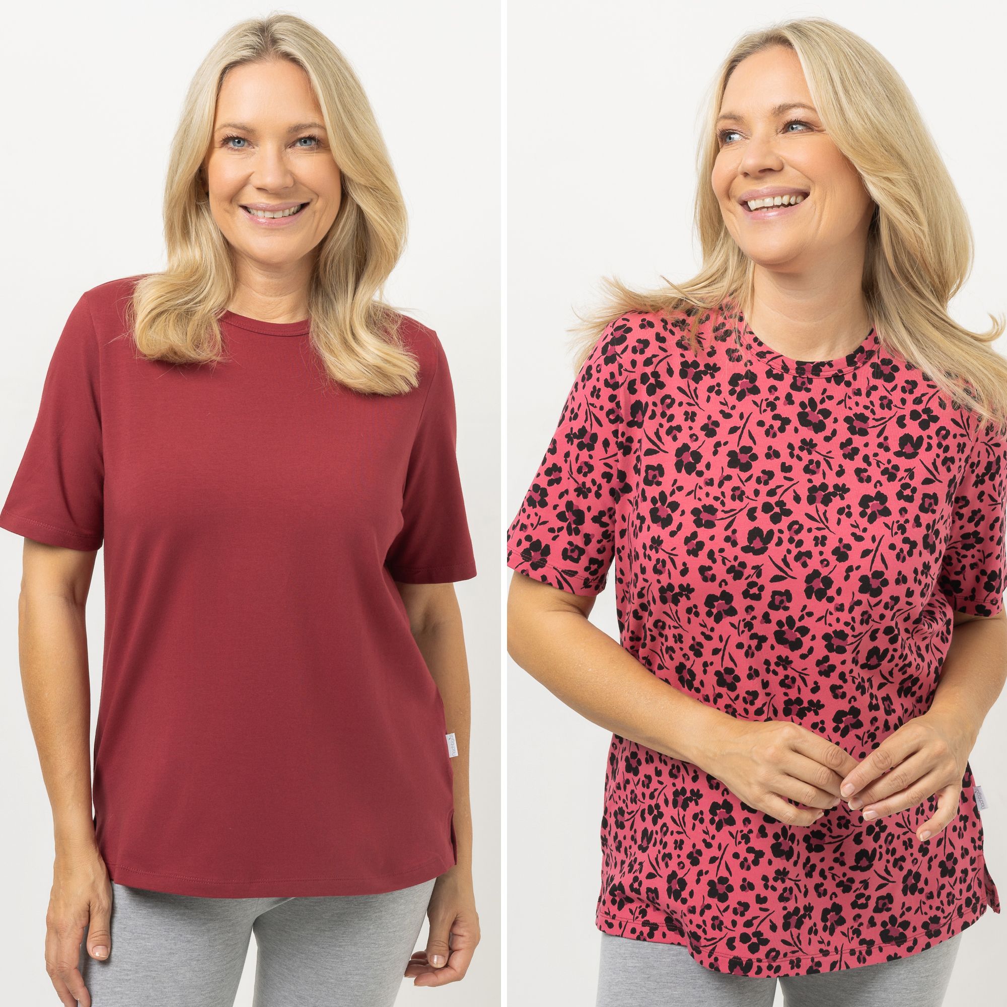 NACHTIGALL Homewear 2 Damen-Shirts 1x uni & 1x bedruckt Baumwoll Jersey Rundhalsausschnitt