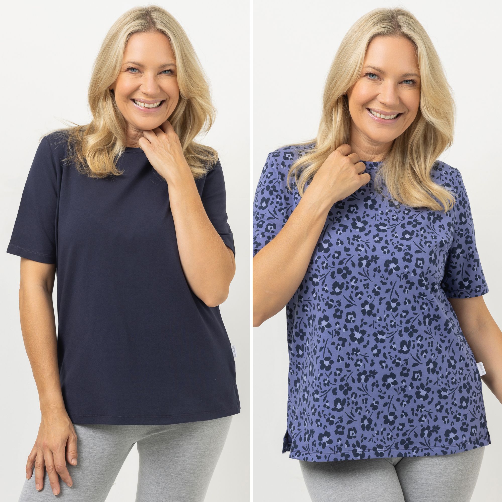 NACHTIGALL Homewear 2 Damen-Shirts 1x uni & 1x bedruckt Baumwoll Jersey Rundhalsausschnitt