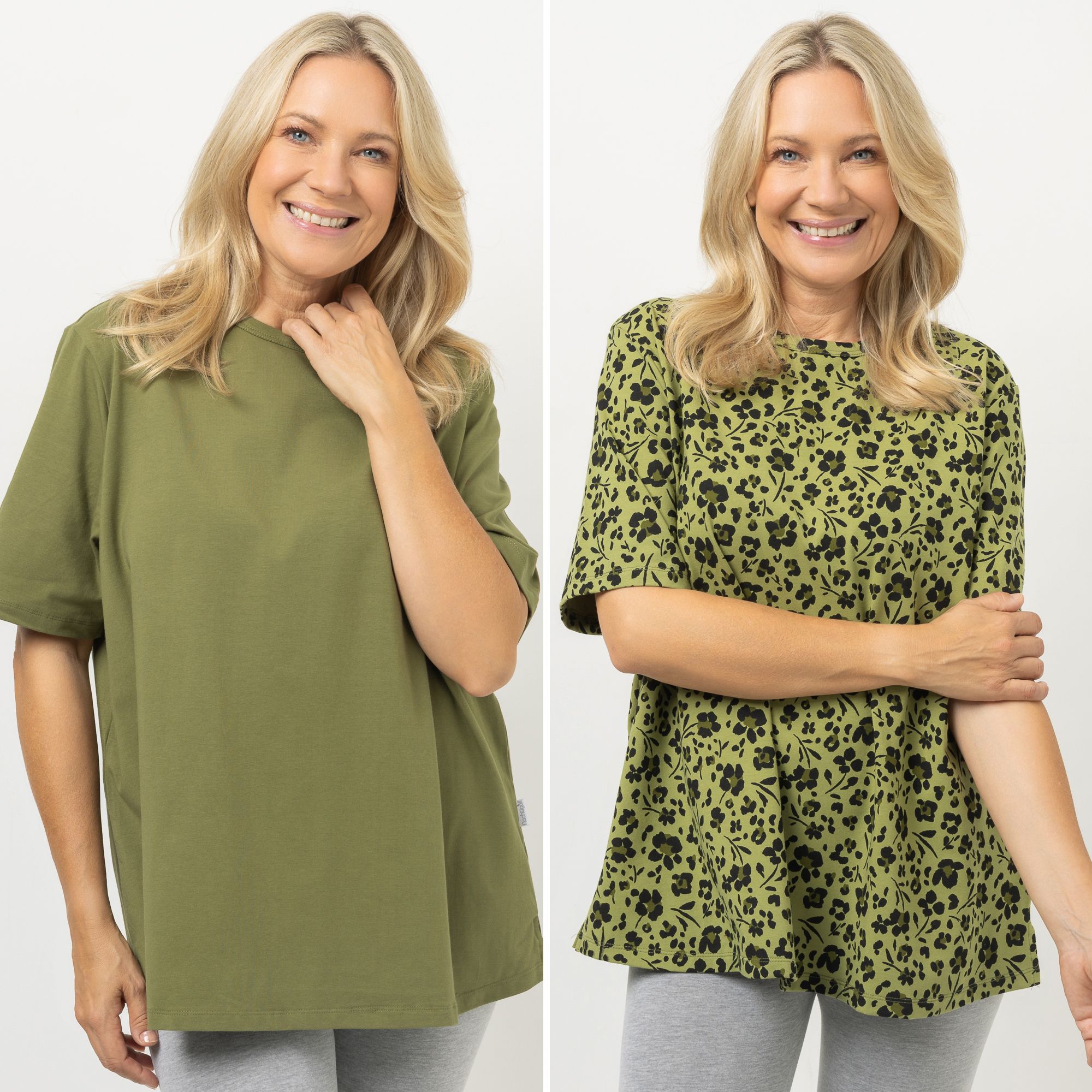NACHTIGALL Homewear 2 Damen-Shirts 1x uni & 1x bedruckt Baumwoll Jersey Rundhalsausschnitt