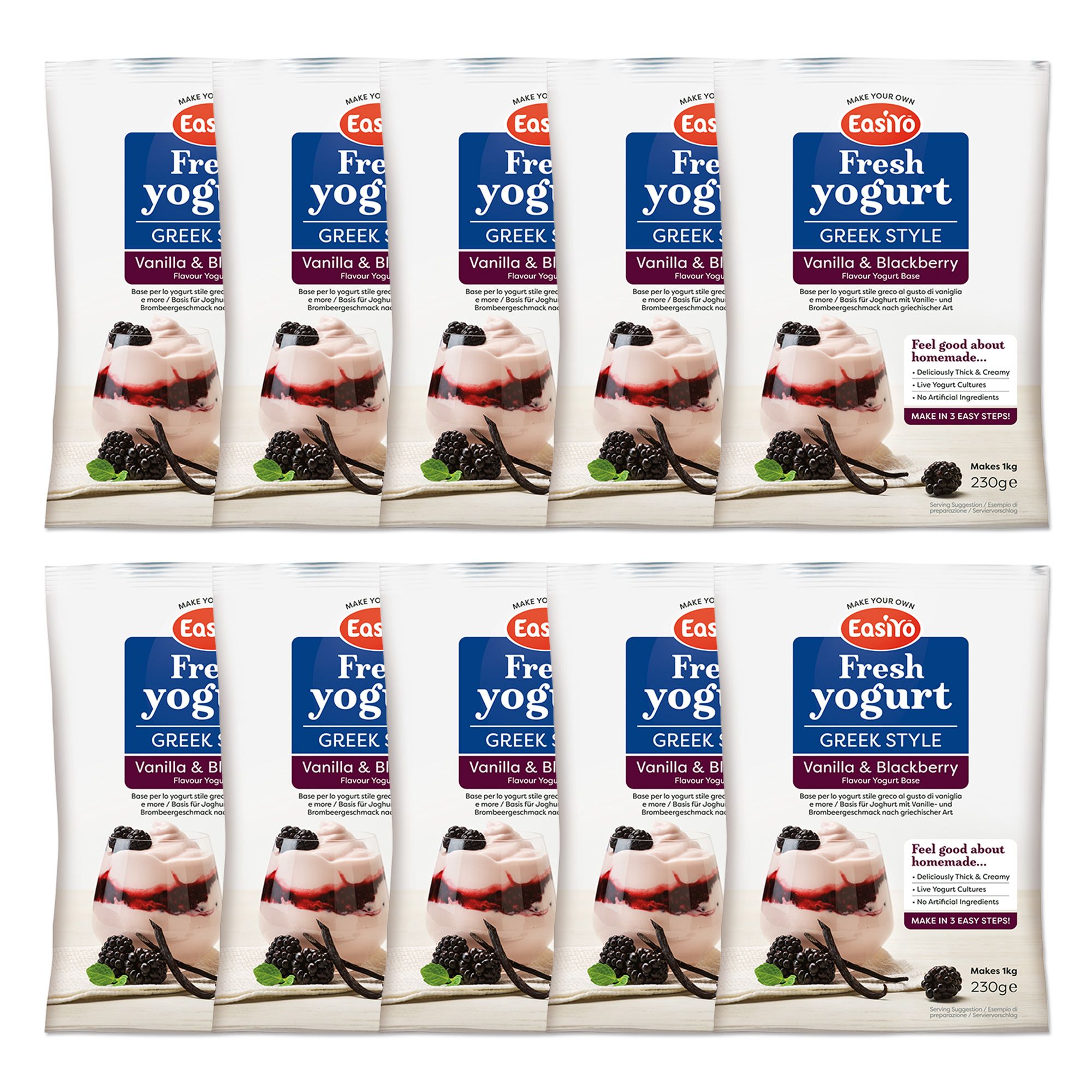 EASIYO Joghurtpulver für 10kg frischen Joghurt Sorte: griech. Art Vanille- und Brombeer