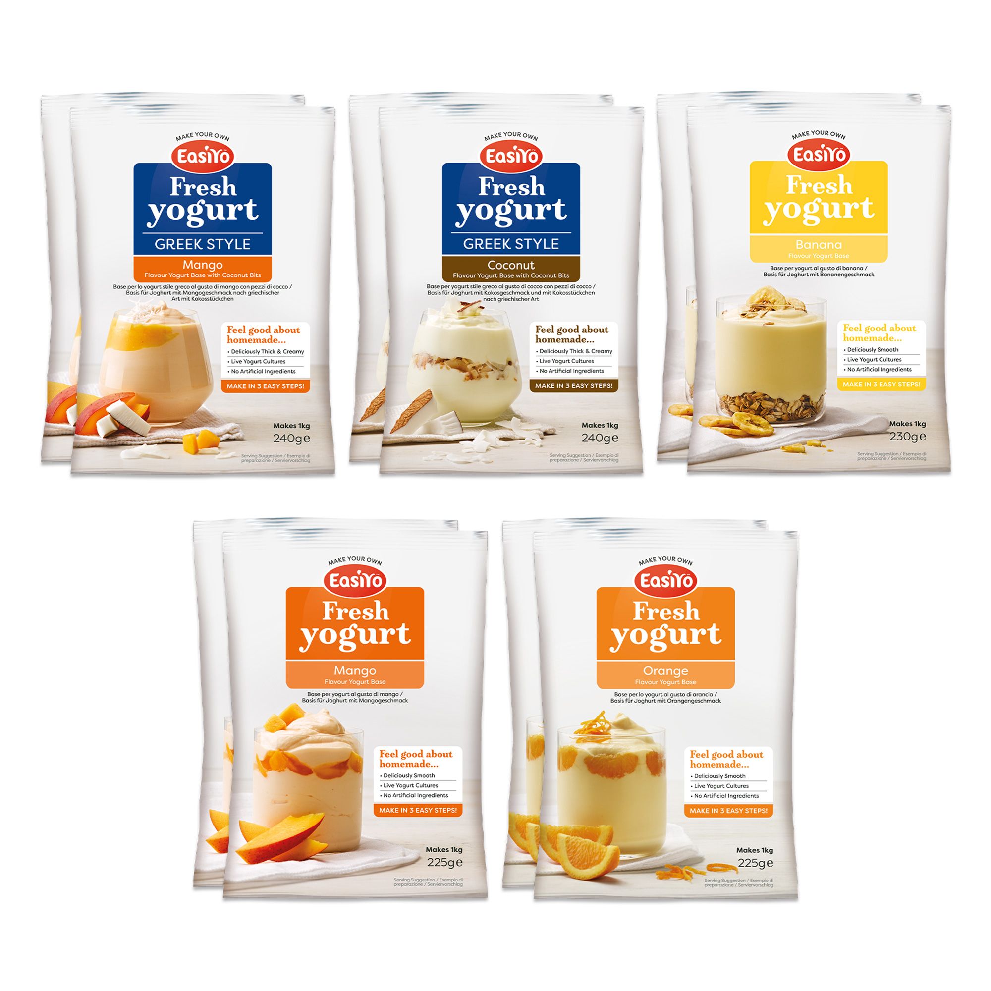 EASIYO Joghurtpulver 10 Beutel für 10kg frischen Joghurt 5 versch. Sorten