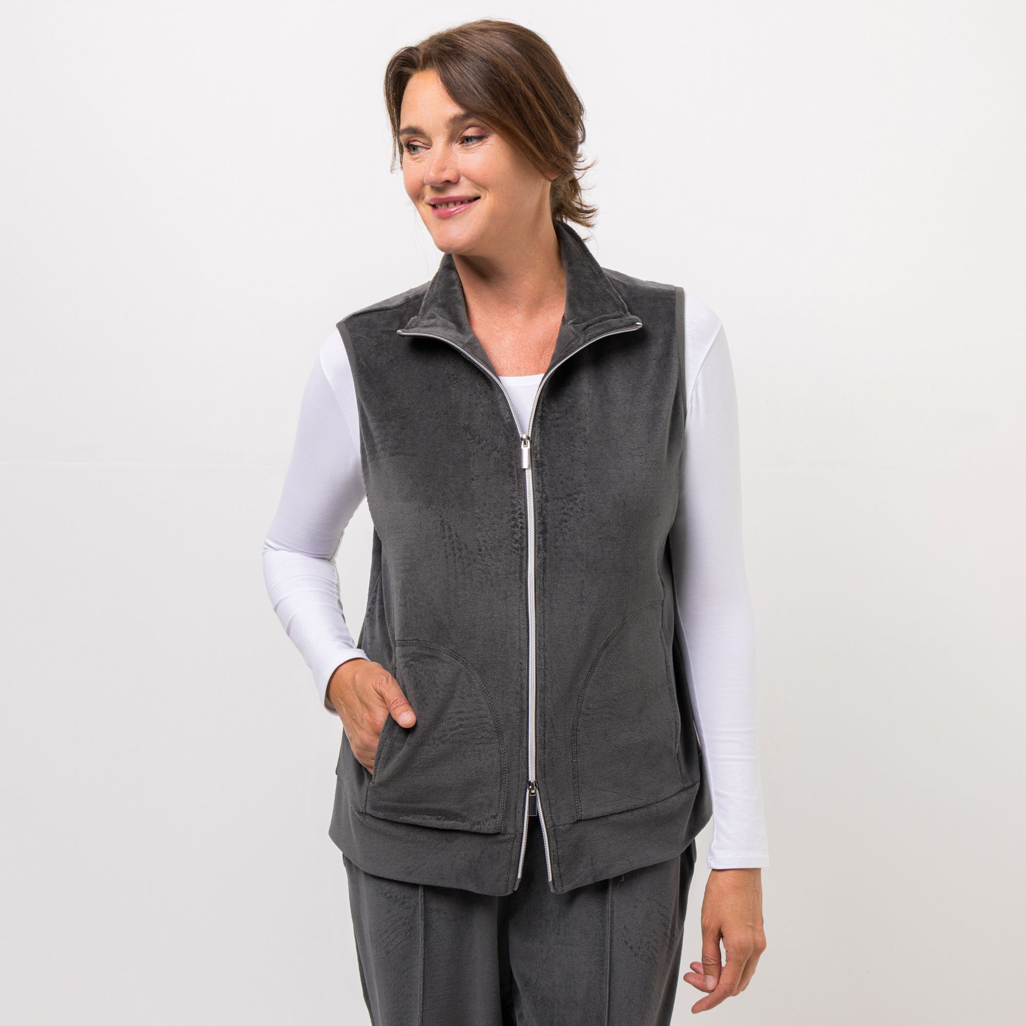 NACHTIGALL Homewear Damen-Weste 2-Wege-Reißverschluss Baumwoll Nicki Stehkragen