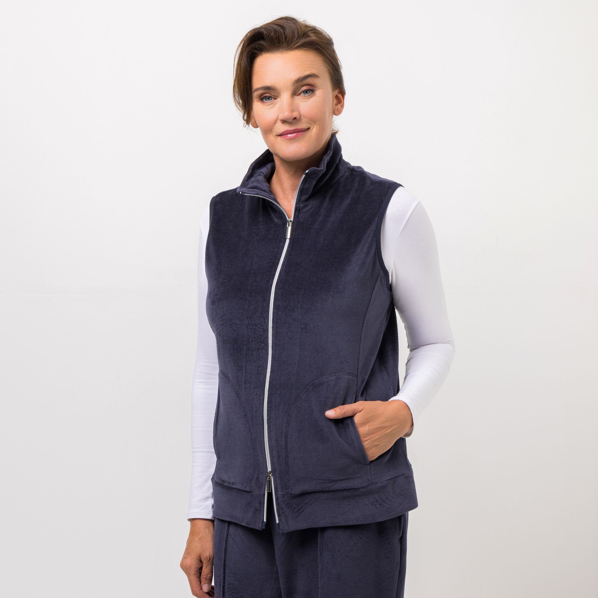NACHTIGALL Homewear Damen-Weste 2-Wege-Reißverschluss Baumwoll Nicki Stehkragen