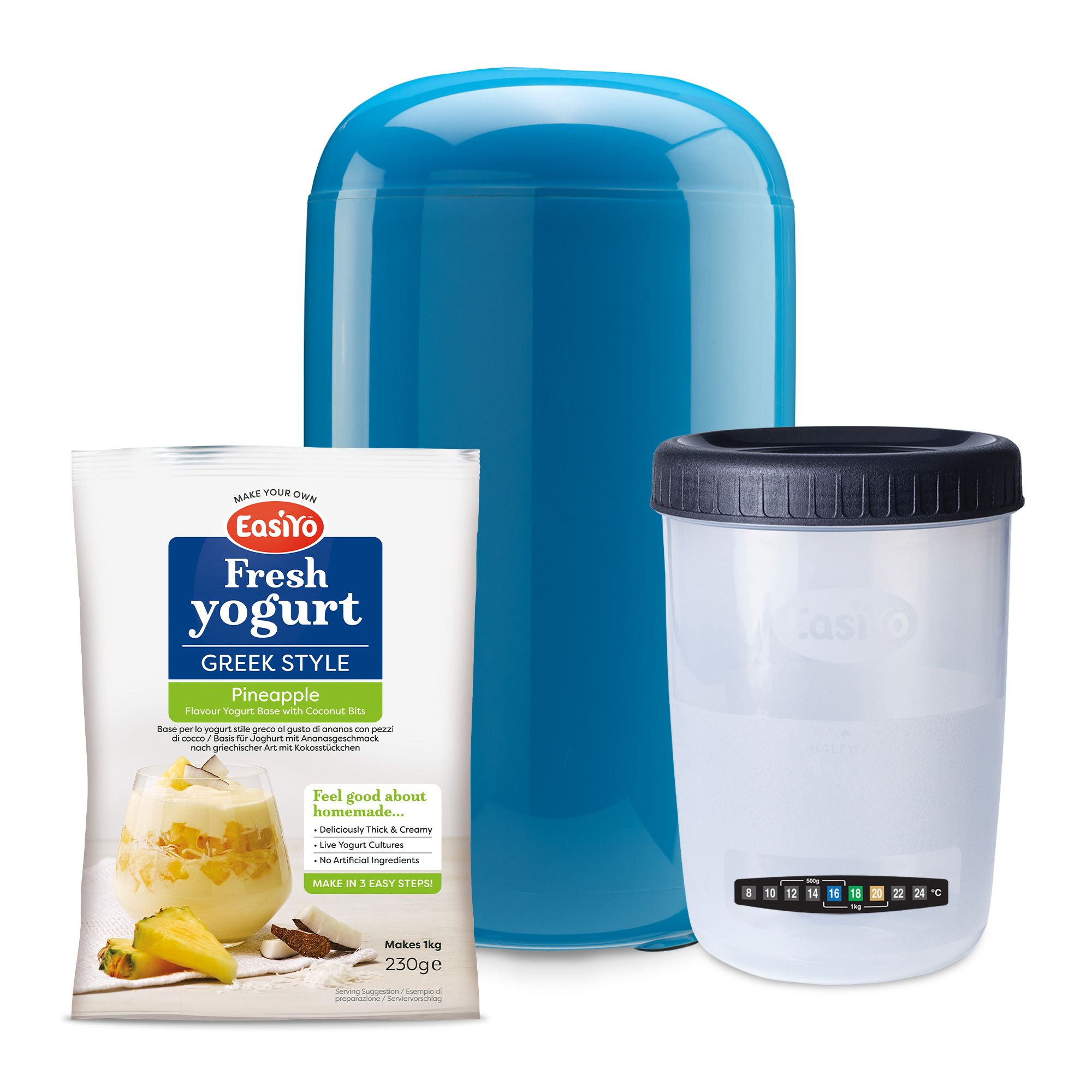 EASIYO Joghurtbereiter mit Behälter für 1kg Joghurt, inkl. 1x 230g Joghurtpulver