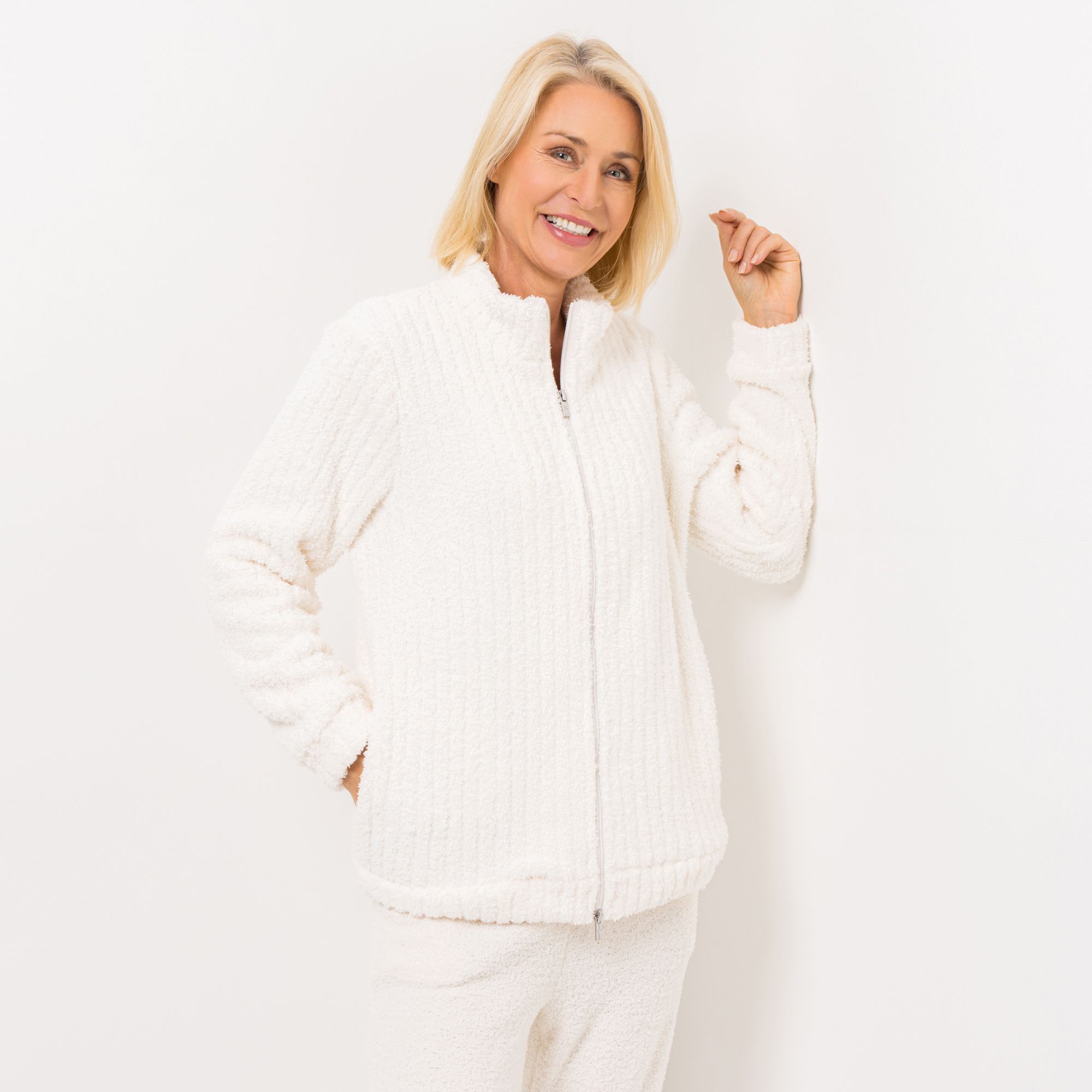 COZEE HOME Homewear Damen-Jacke Streifenstruktur MF Sherpa Biuclé Stehkragen