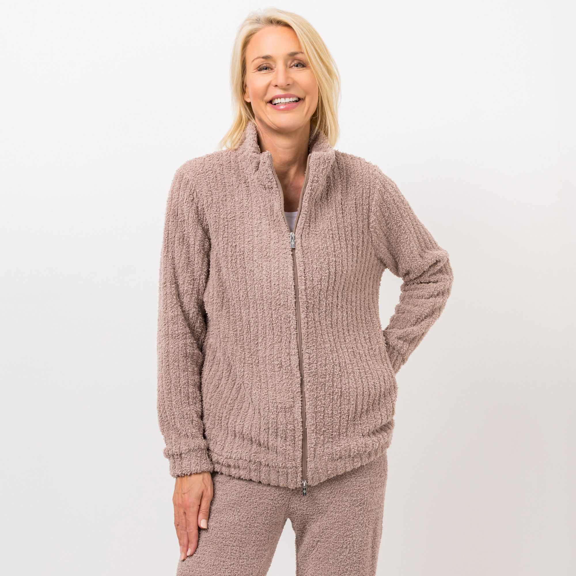 COZEE HOME Homewear Damen-Jacke Streifenstruktur MF Sherpa Biuclé Stehkragen