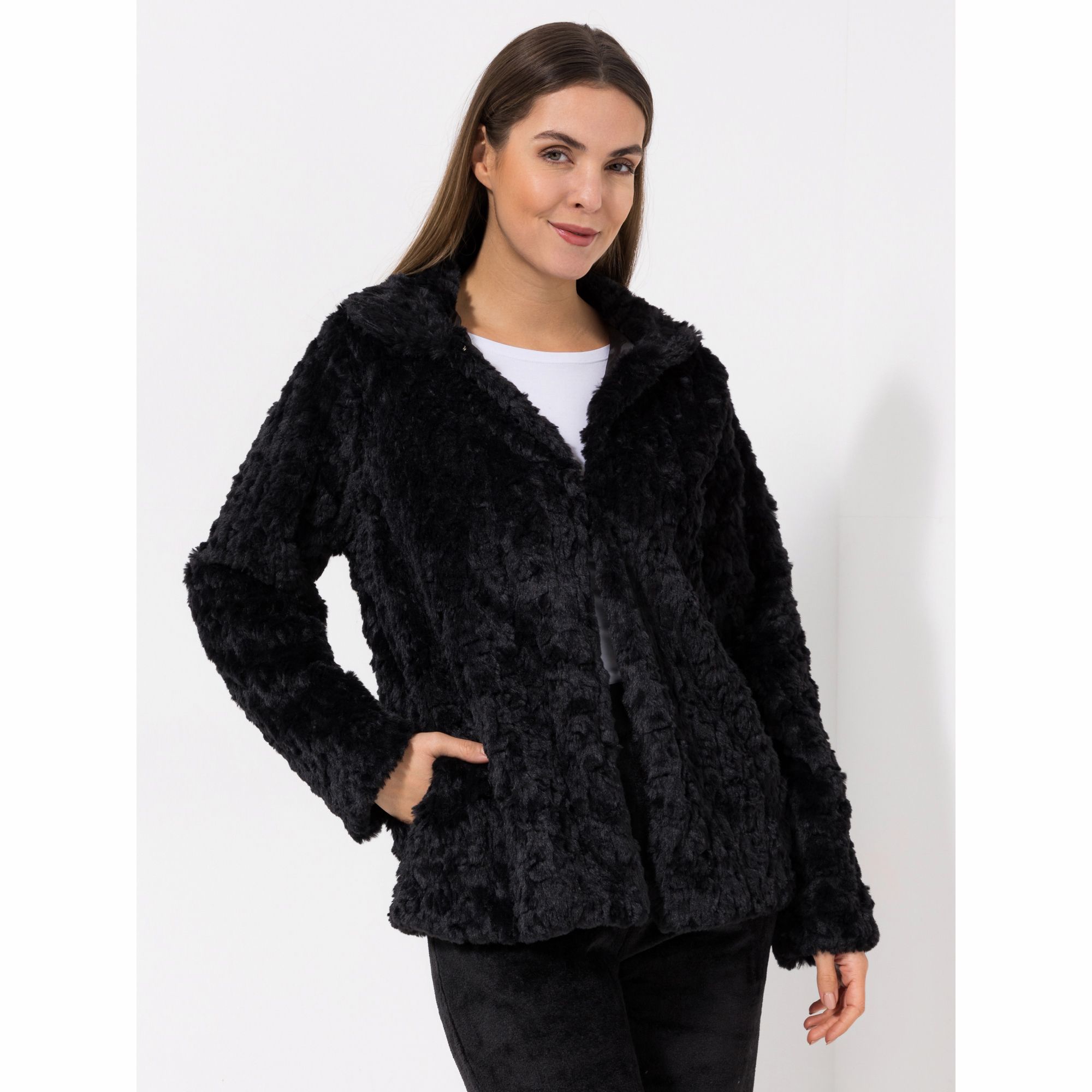 MONT CHALET uni Damen-Jacke mit Fellimitat Mikrofaser Hakenverschluss