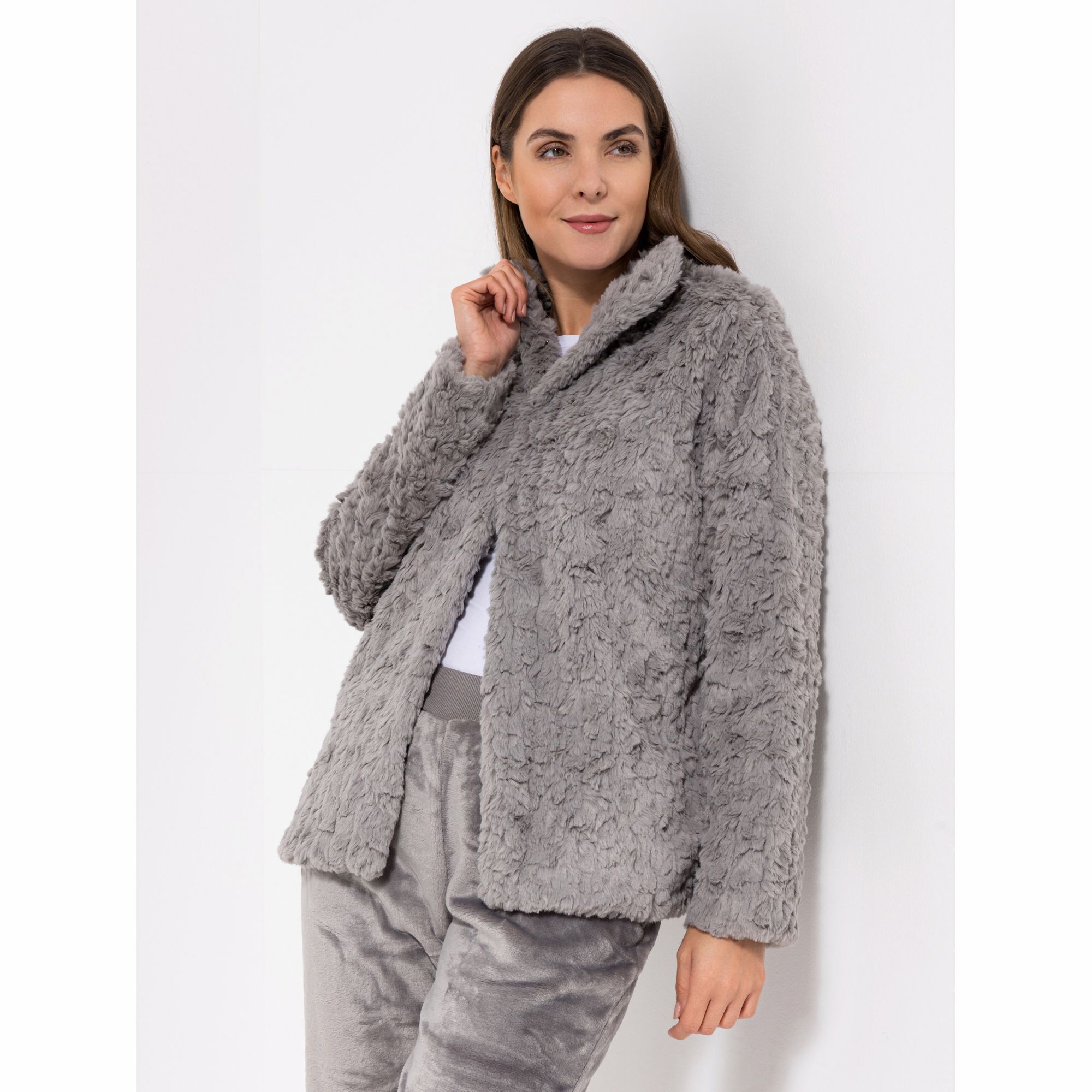 MONT CHALET uni Damen-Jacke mit Fellimitat Mikrofaser Hakenverschluss
