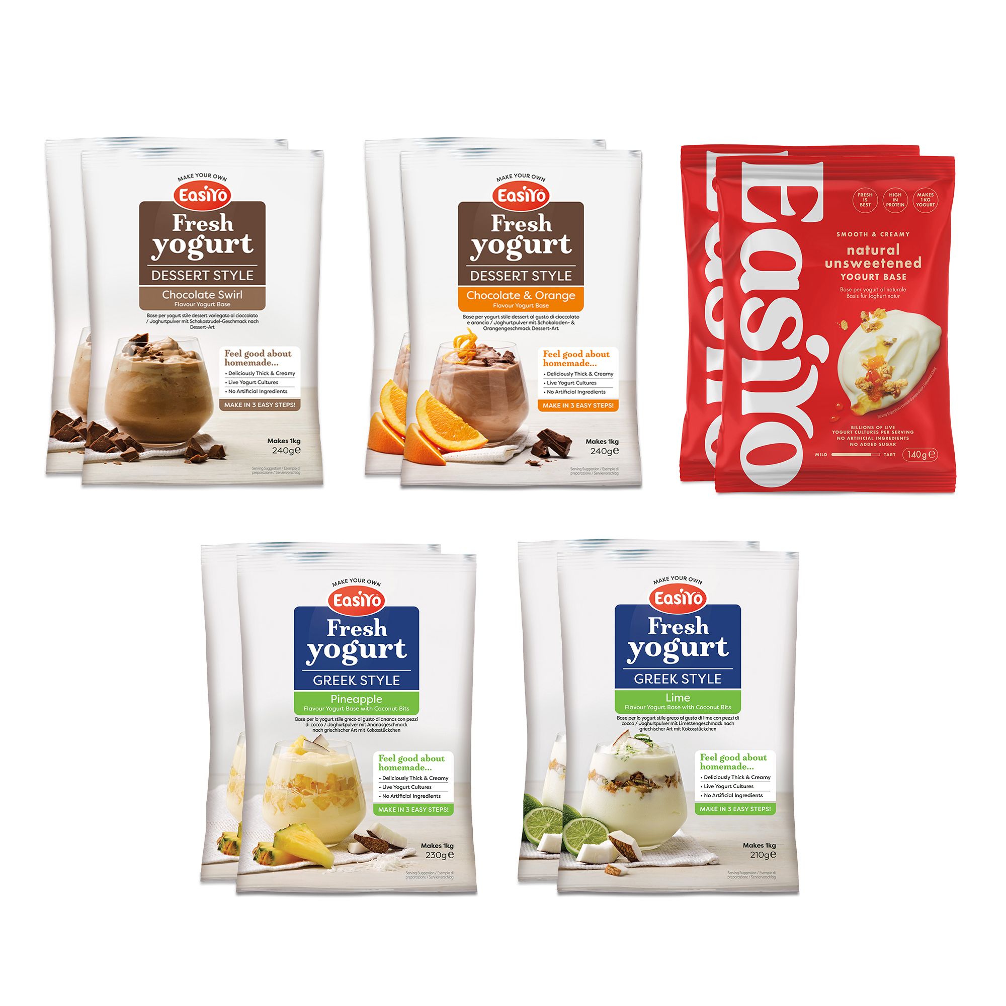 EASIYO Joghurtpulver 10 Beutel für 10kg frischen Joghurt 5 versch. Sorten