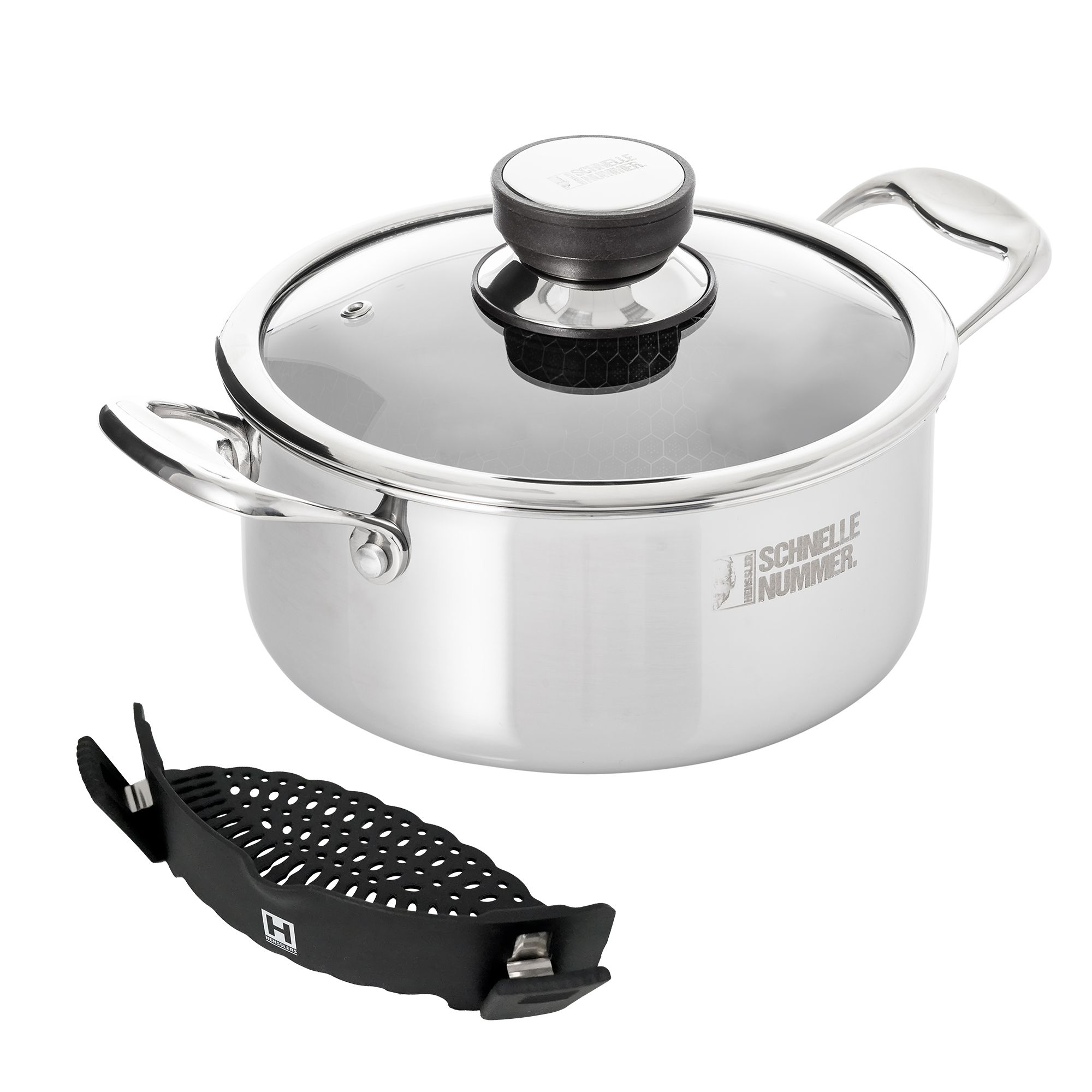 HENSSLERS Edelstahl-Topf inkl. Abgießhilfe und Glasdeckel 2,8L