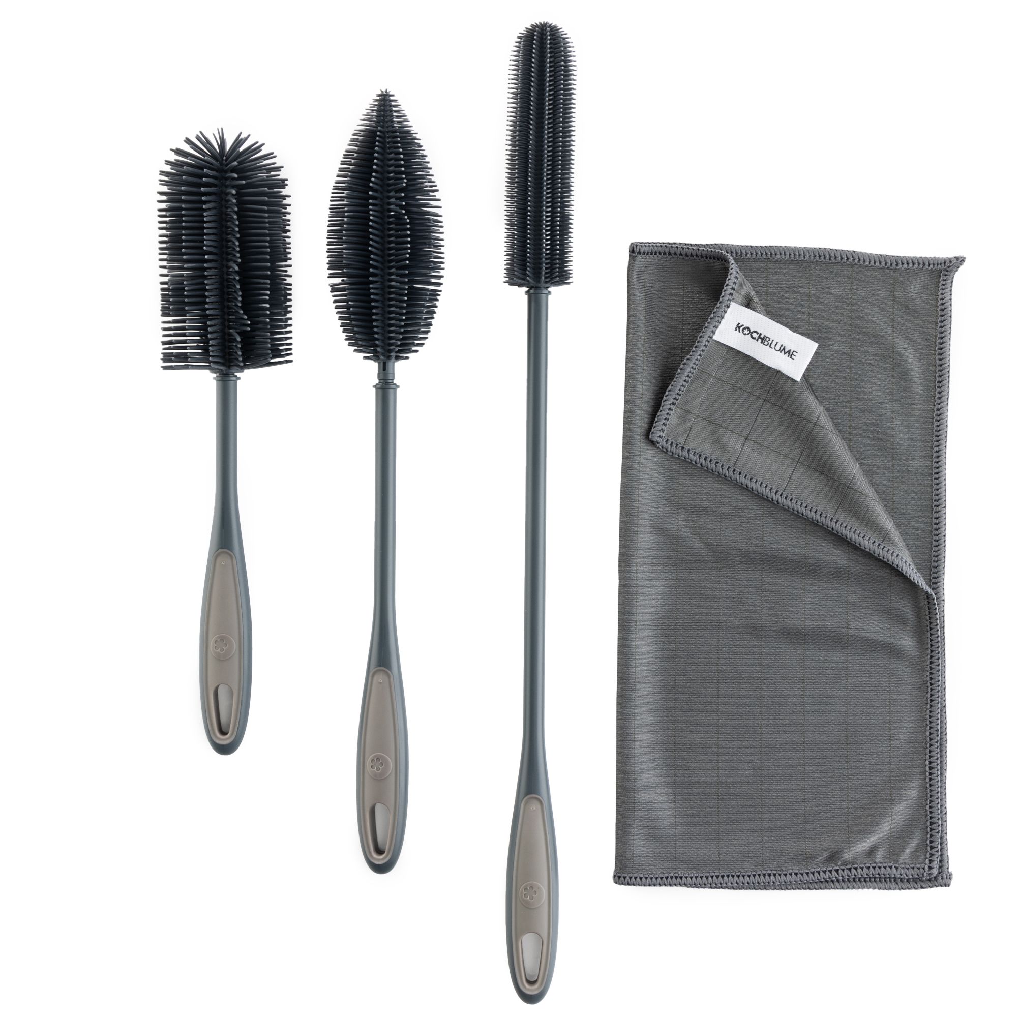 KOCHBLUME® 3 Flaschen- & Spülbürsten inkl. Poliertuch 30x30cm