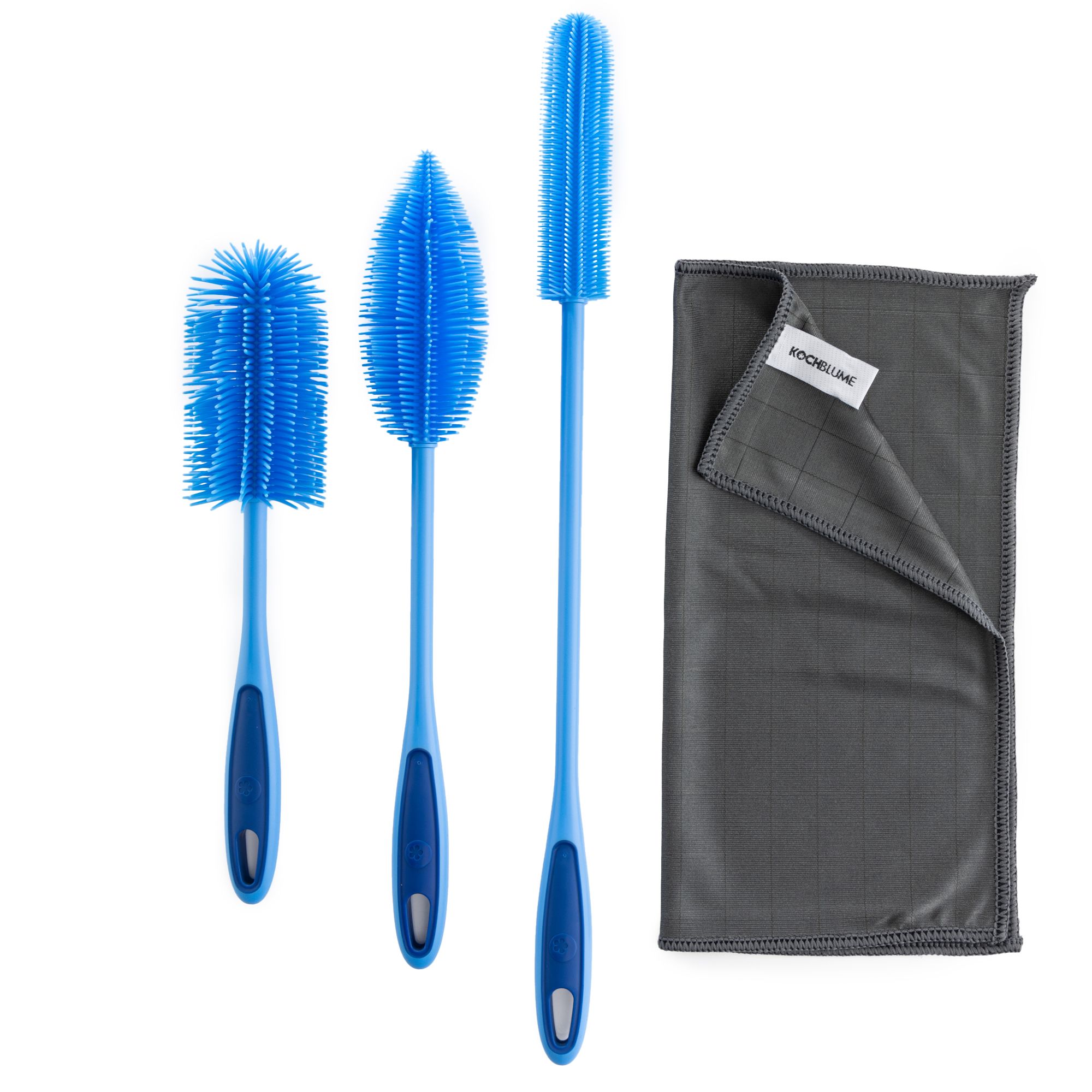 KOCHBLUME® 3 Flaschen- & Spülbürsten inkl. Poliertuch 30x30cm