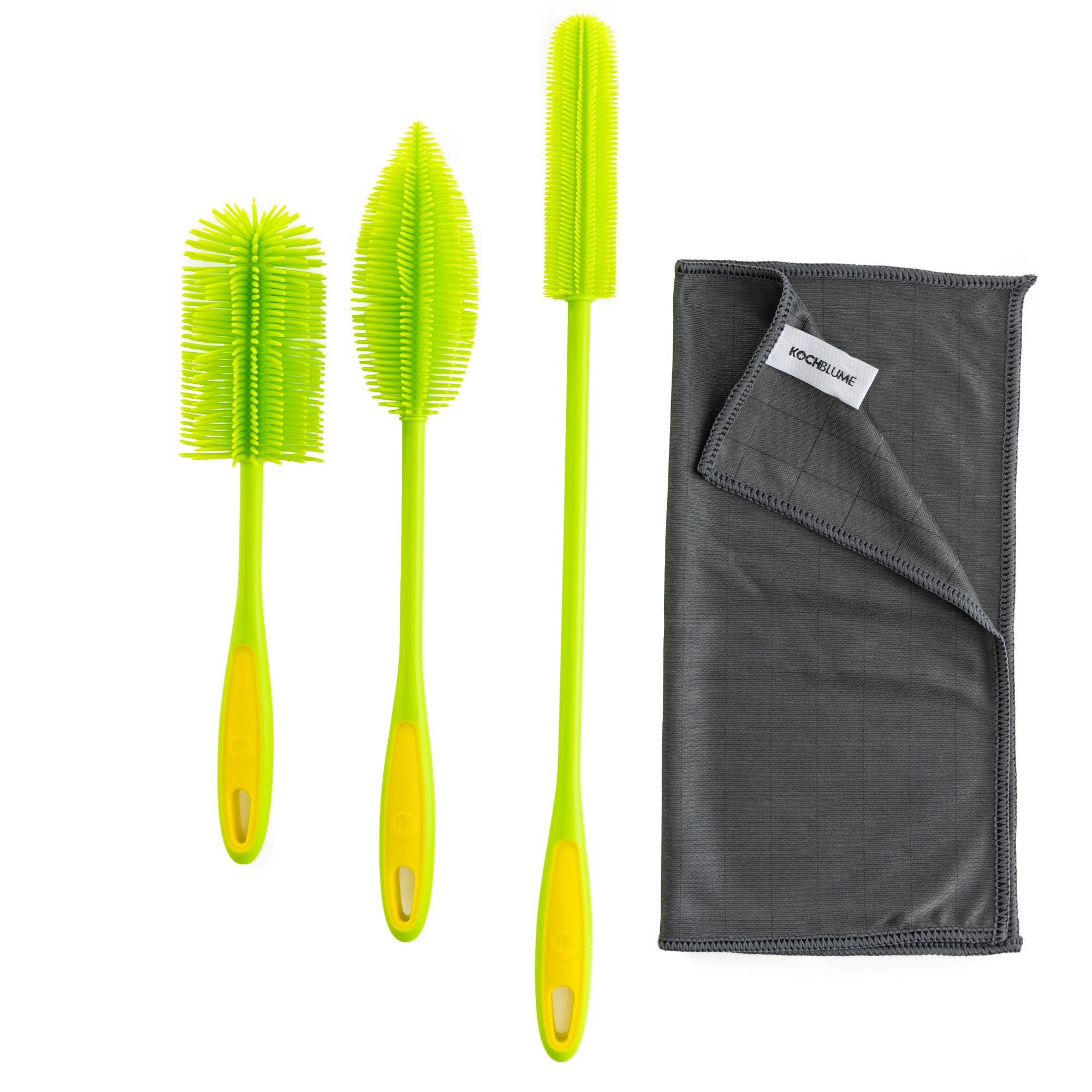 KOCHBLUME® 3 Flaschen- & Spülbürsten inkl. Poliertuch 30x30cm